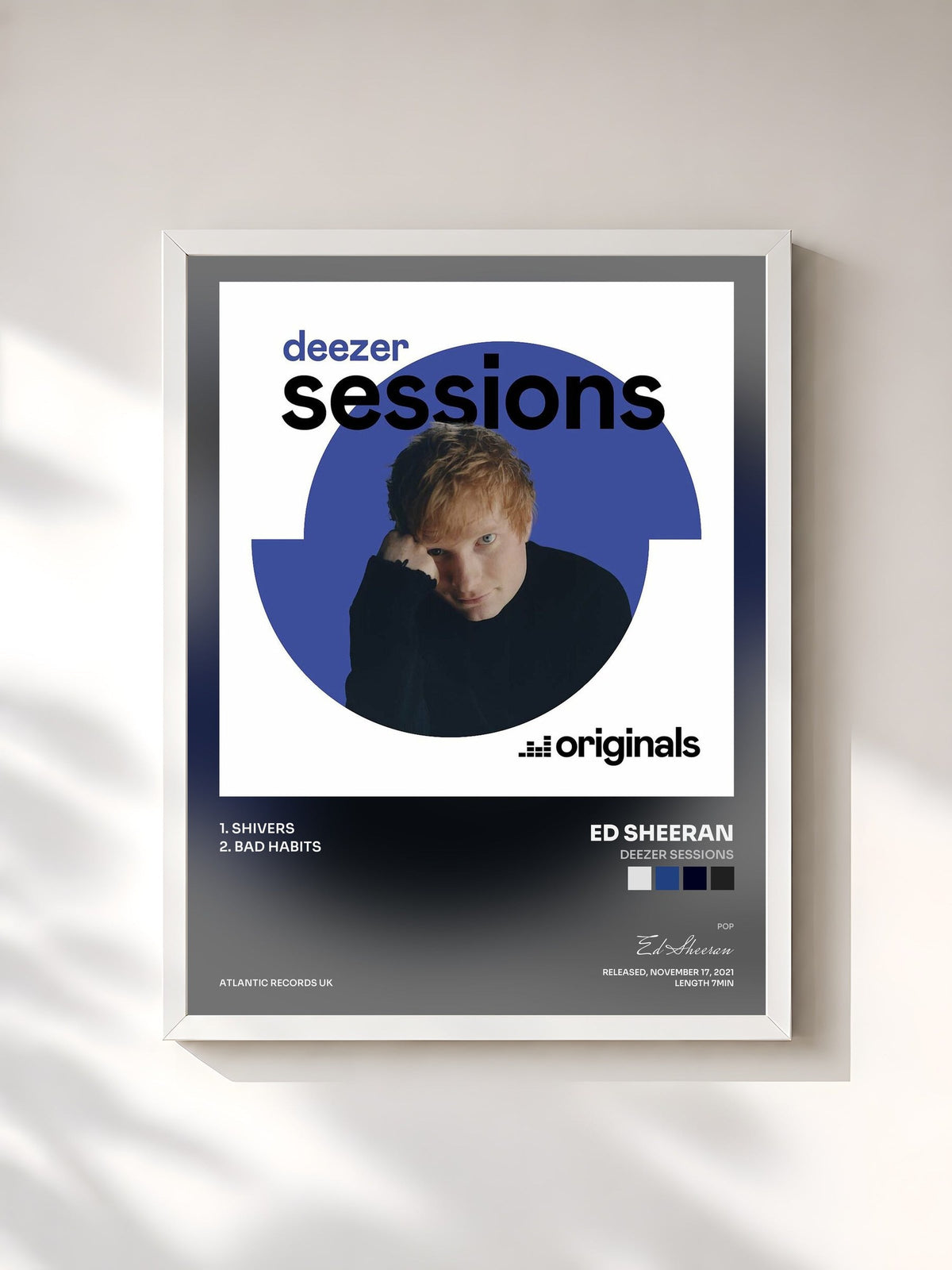 #blanc Tableau de l'album Deezer Sessions de Ed Sheeran, cadre blanc, imprimé et encadré en France