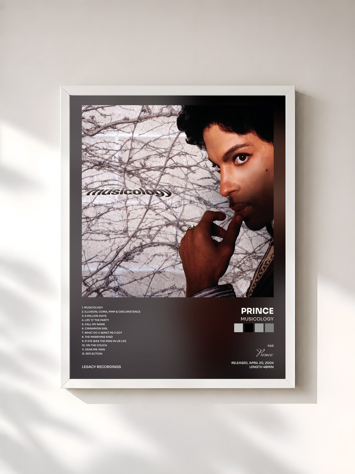 #blanc Tableau de l'album Musicology de Prince, cadre blanc, imprimé et encadré en France