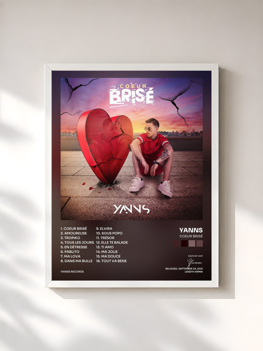 #blanc Coeur brisé de Yanns en lámina enmarcada, marco blanco, impresa y enmarcada en Francia