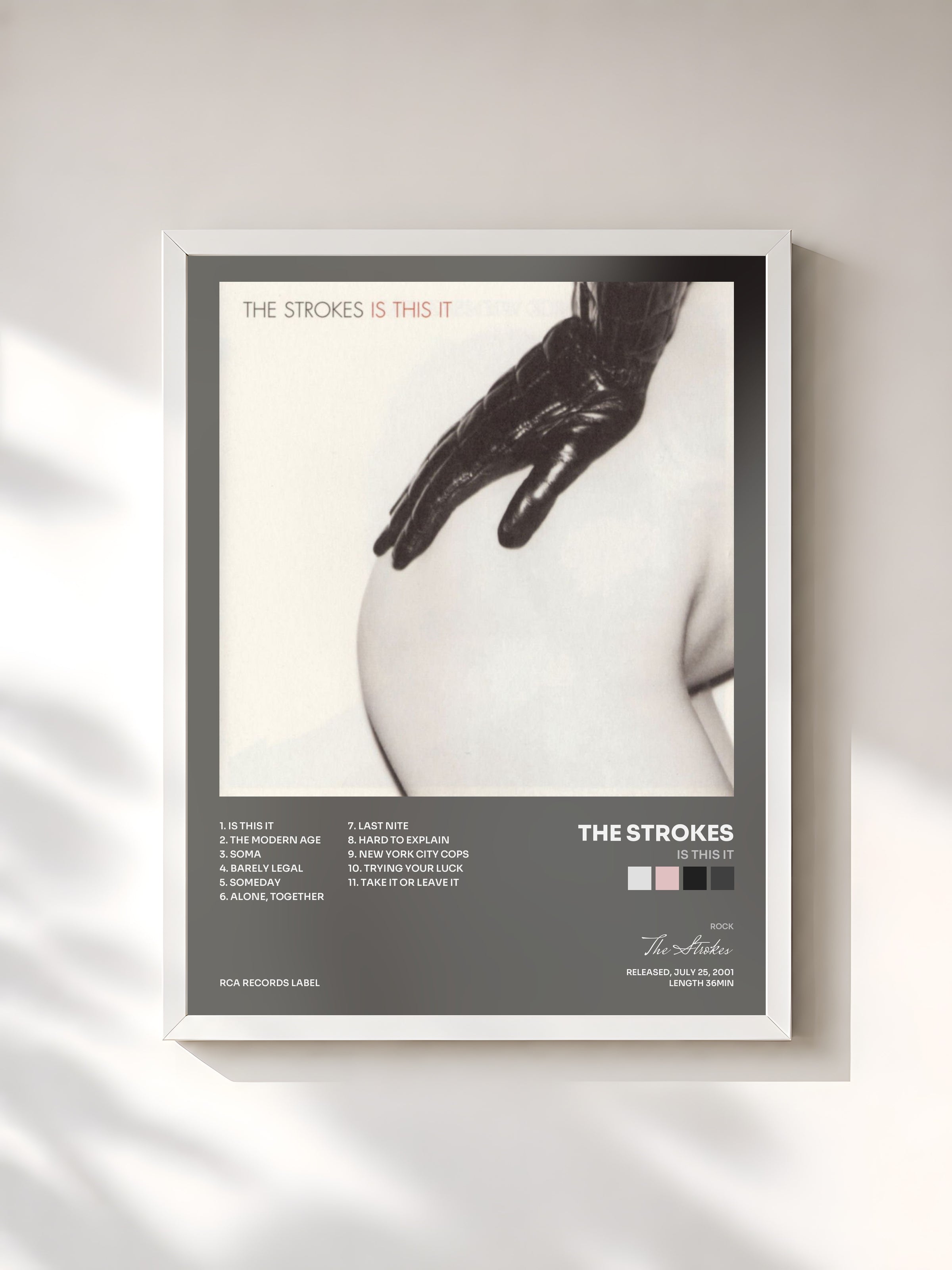#blanc Tableau de l'album Is This It de The Strokes, cadre blanc, imprimé et encadré en France