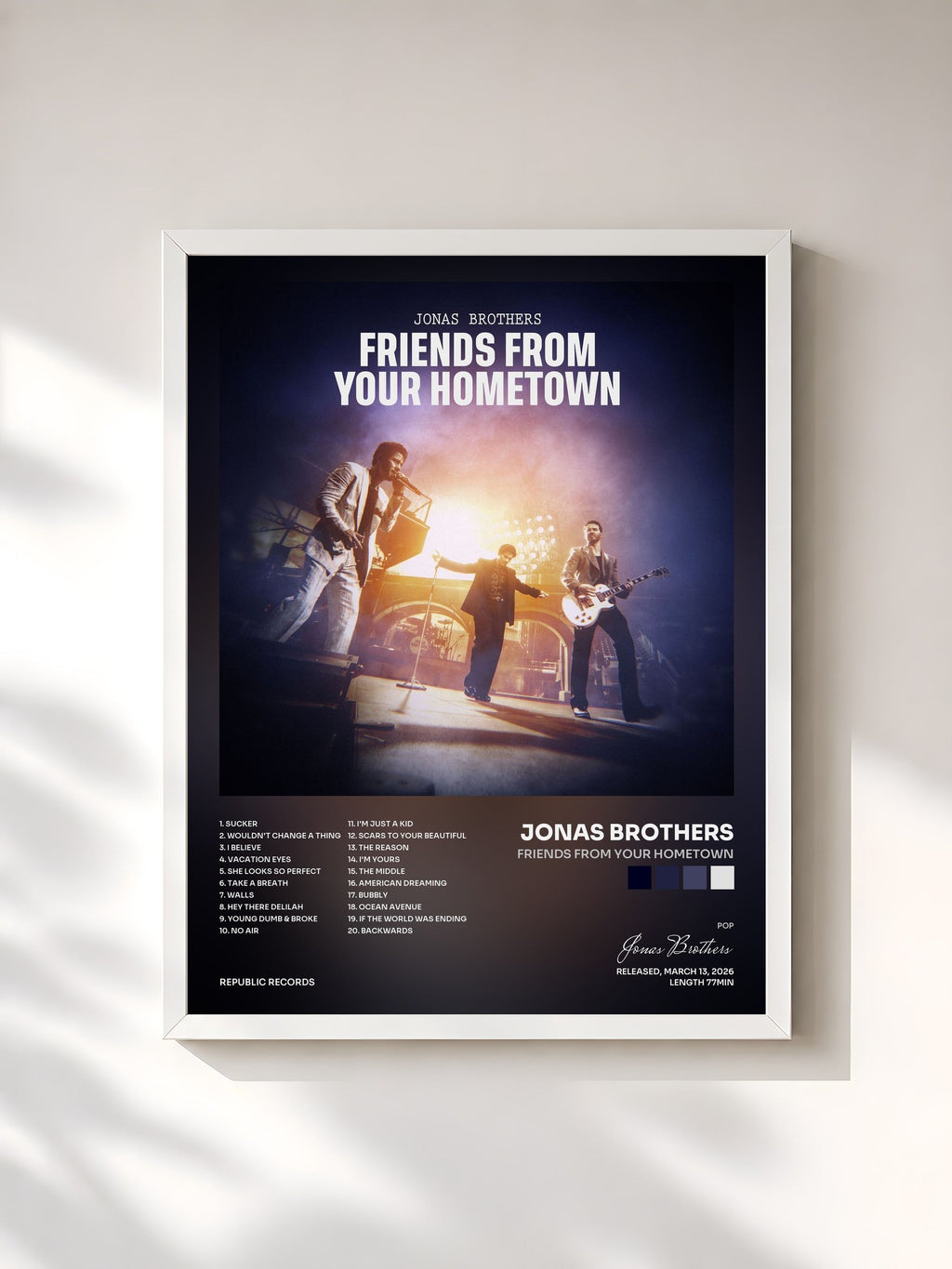 #blanc Tableau de l'album Friends From Your Hometown de Jonas Brothers, cadre blanc, imprimé et encadré en France