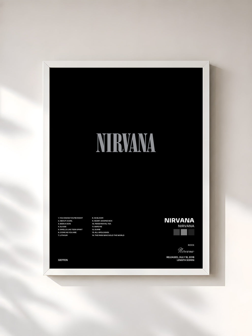 #blanc Tableau de l'album Nirvana de Nirvana, cadre blanc, imprimé et encadré en France