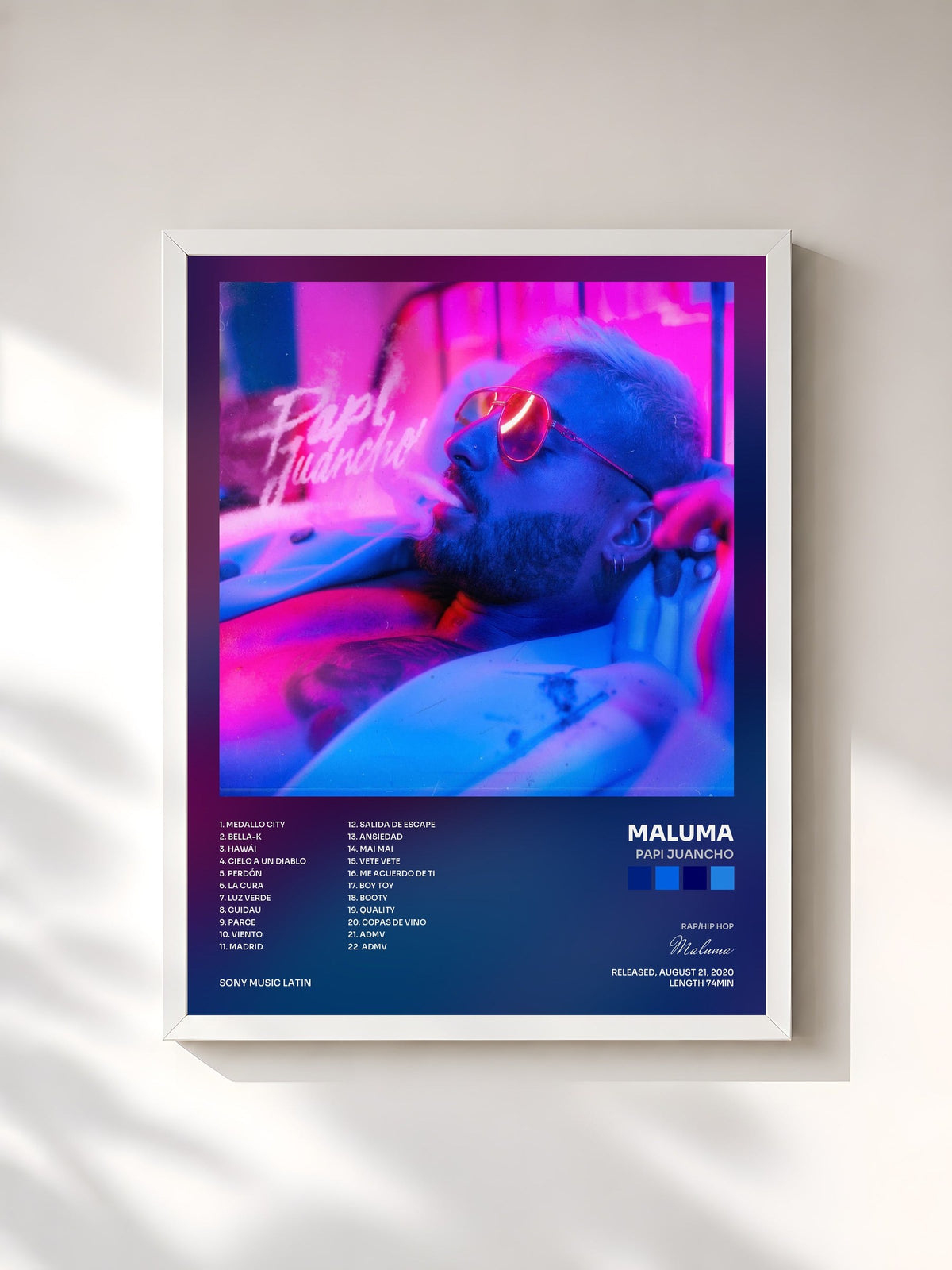 #blanc Tableau de l'album PAPI JUANCHO de Maluma, cadre blanc, imprimé et encadré en France