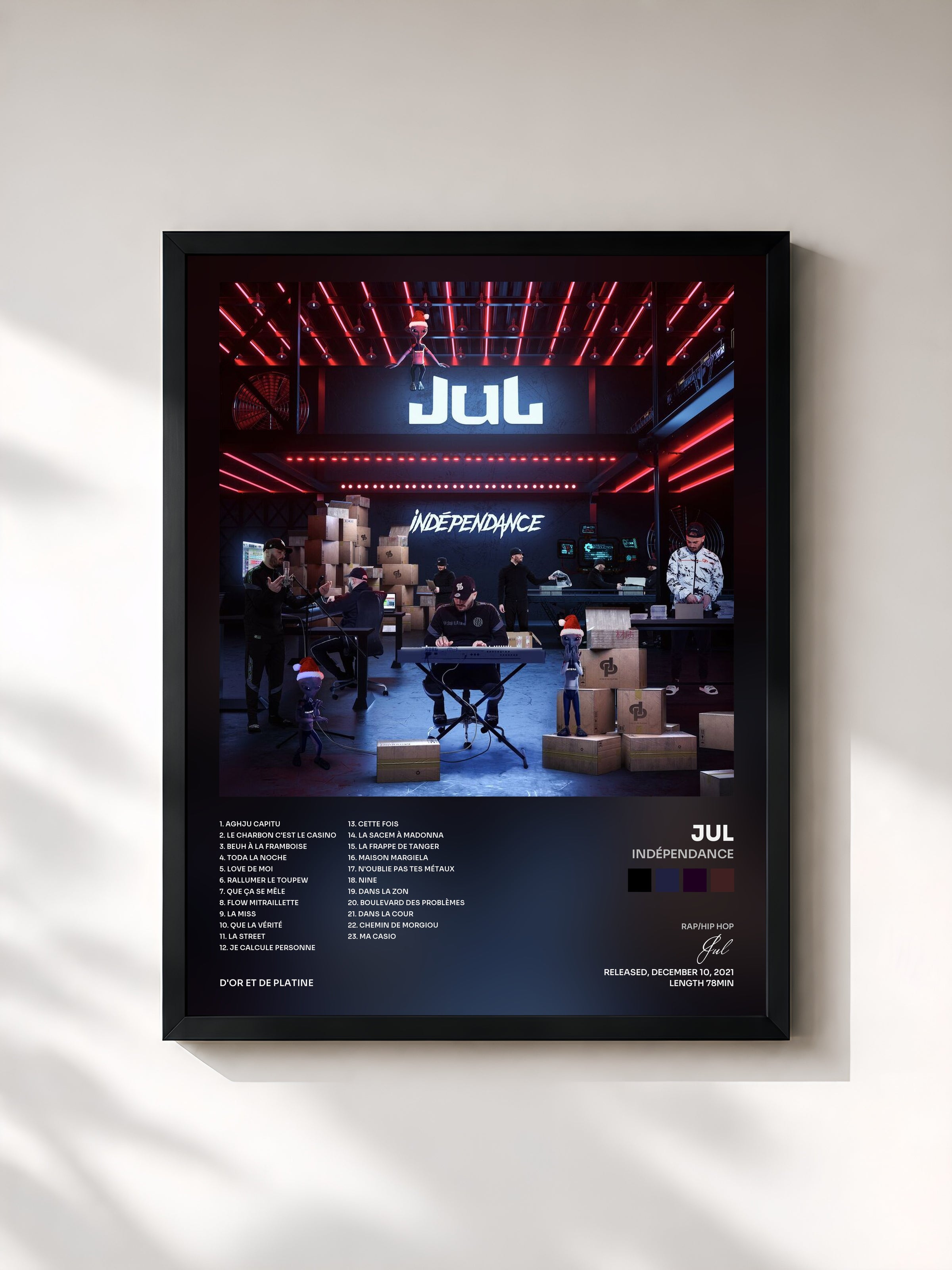 #noir Tableau de l'album Indépendance de Jul, cadre noir, imprimé et encadré en France