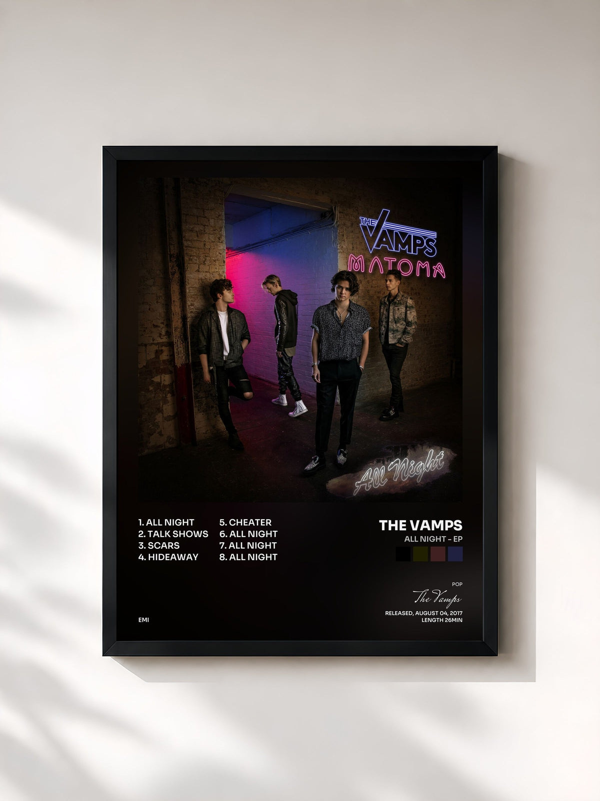 #noir Tableau de l'album All Night - EP de The Vamps, cadre noir, imprimé et encadré en France