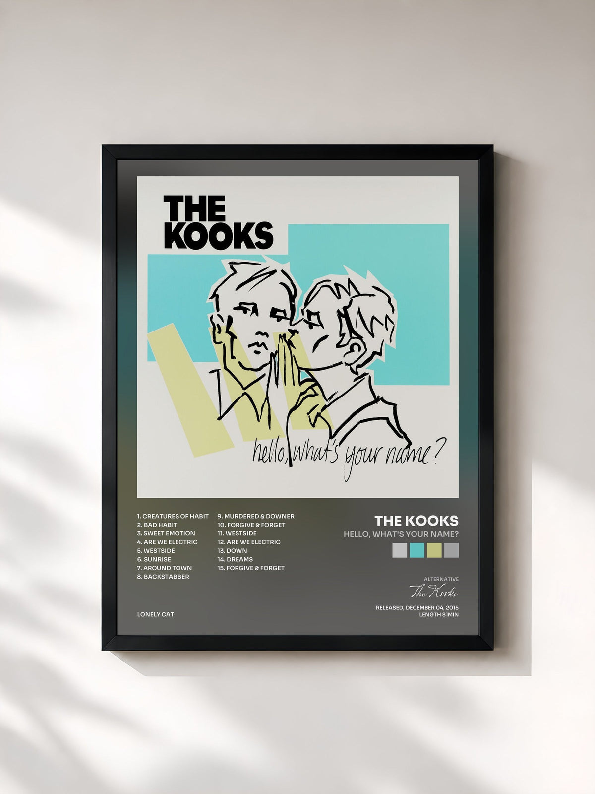 #noir Hello, What's Your Name? de The Kooks en lámina enmarcada, marco negro, impresa y enmarcada en Francia