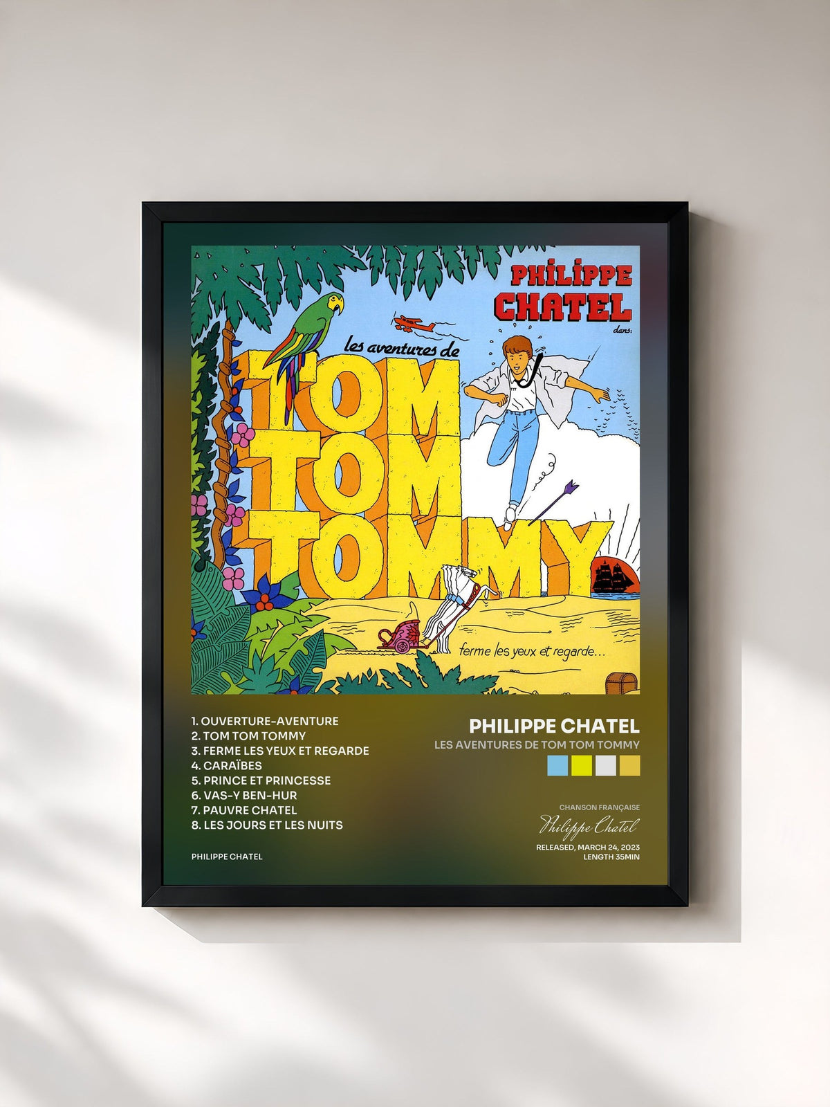 #noir Les aventures de Tom Tom Tommy de Philippe Chatel en lámina enmarcada, marco negro, impresa y enmarcada en Francia