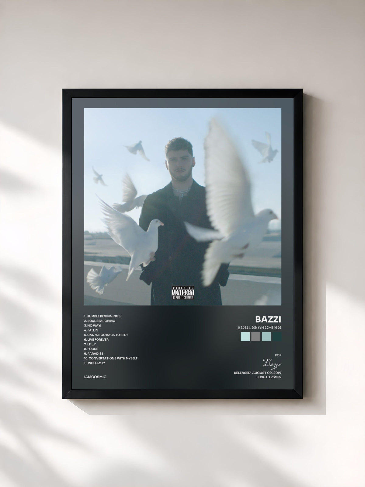 #noir Tableau de l'album Soul Searching de Bazzi, cadre noir, imprimé et encadré en France