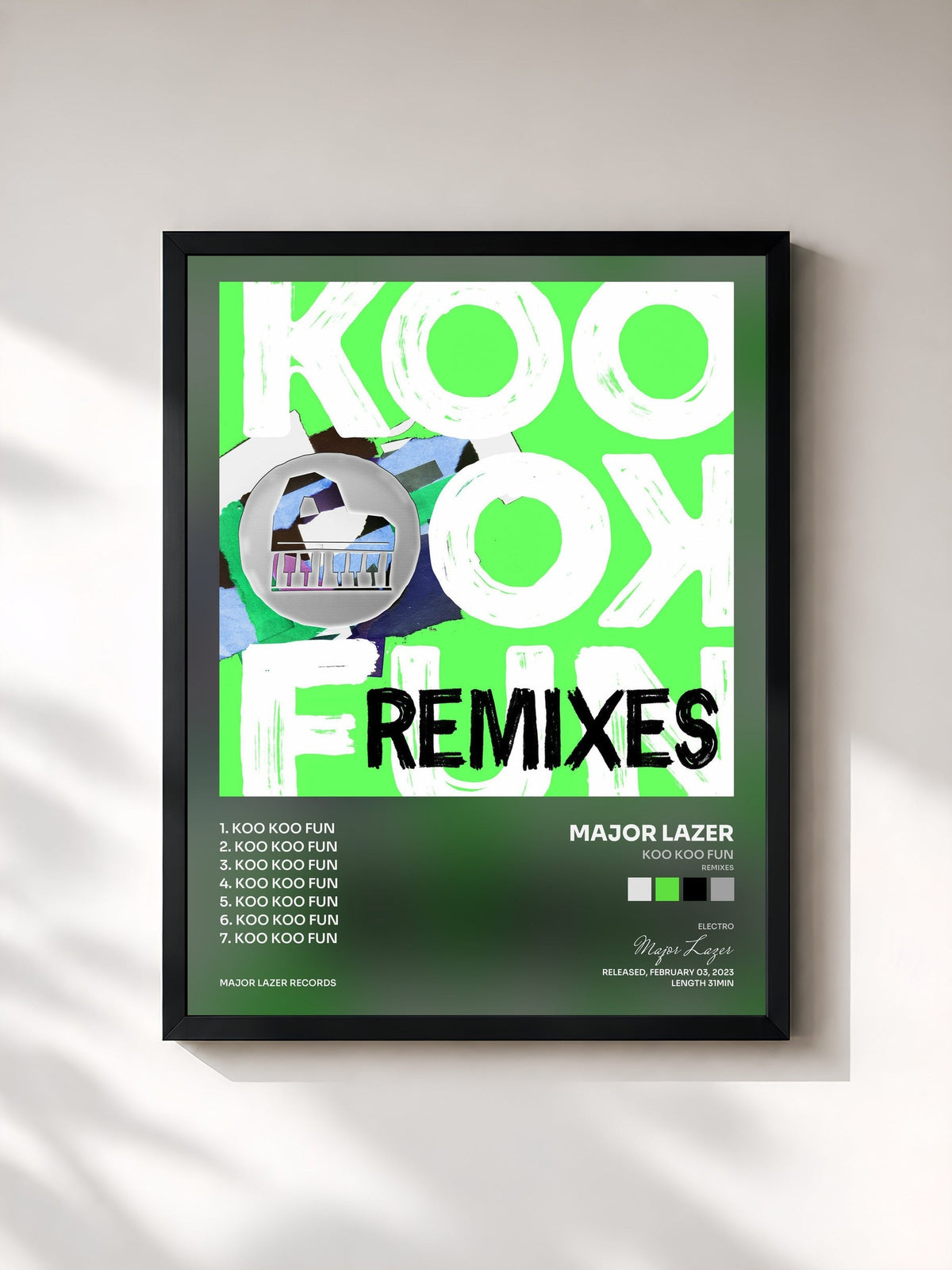 #noir Tableau de l'album Koo Koo Fun (Remixes) de Major Lazer, cadre noir, imprimé et encadré en France