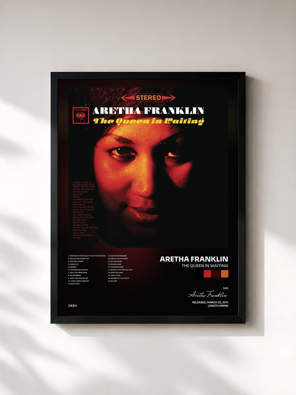 #noir Tableau de l'album The Queen In Waiting de Aretha Franklin, cadre noir, imprimé et encadré en France