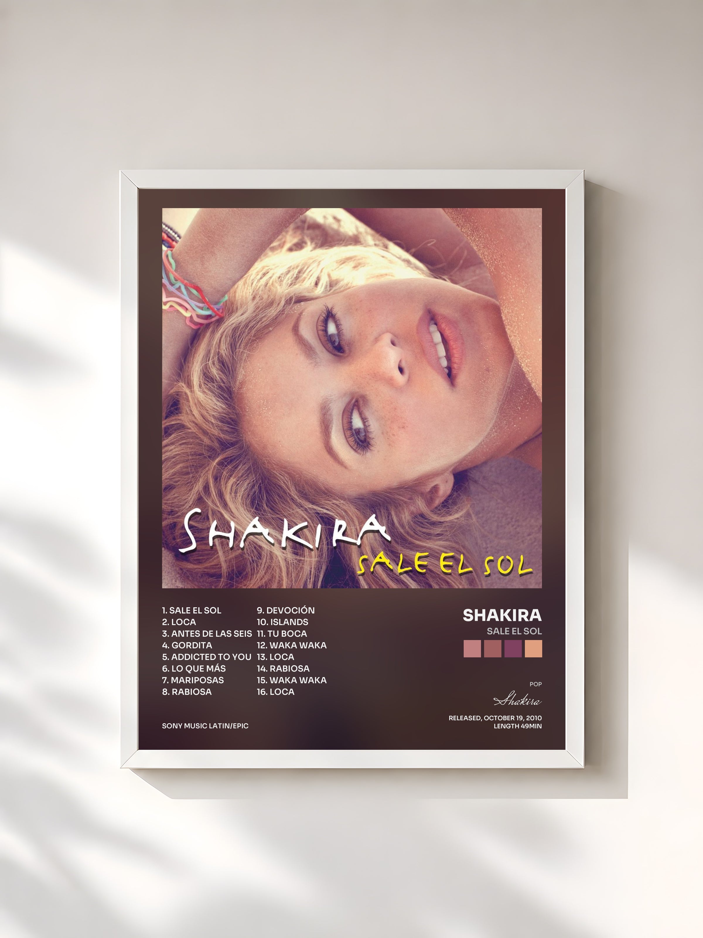 #blanc Tableau de l'album Sale el Sol de Shakira, cadre blanc, imprimé et encadré en France