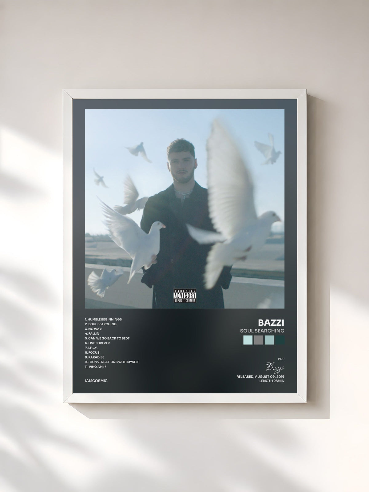 #blanc Tableau de l'album Soul Searching de Bazzi, cadre blanc, imprimé et encadré en France
