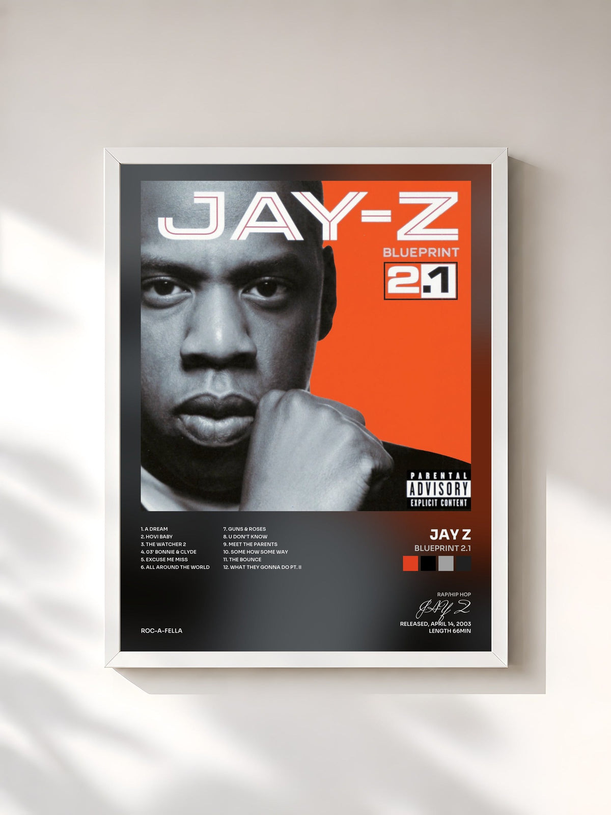 #blanc Tableau de l'album Blueprint 2.1 de JAY Z, cadre blanc, imprimé et encadré en France