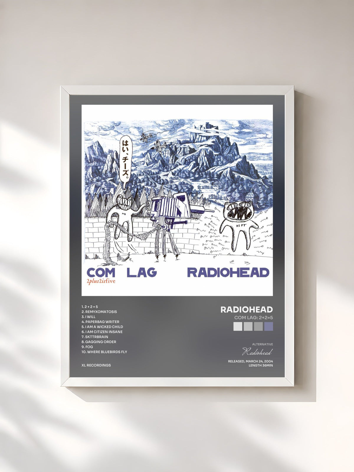 #blanc Tableau de l'album Com Lag: 2+2=5 de Radiohead, cadre blanc, imprimé et encadré en France