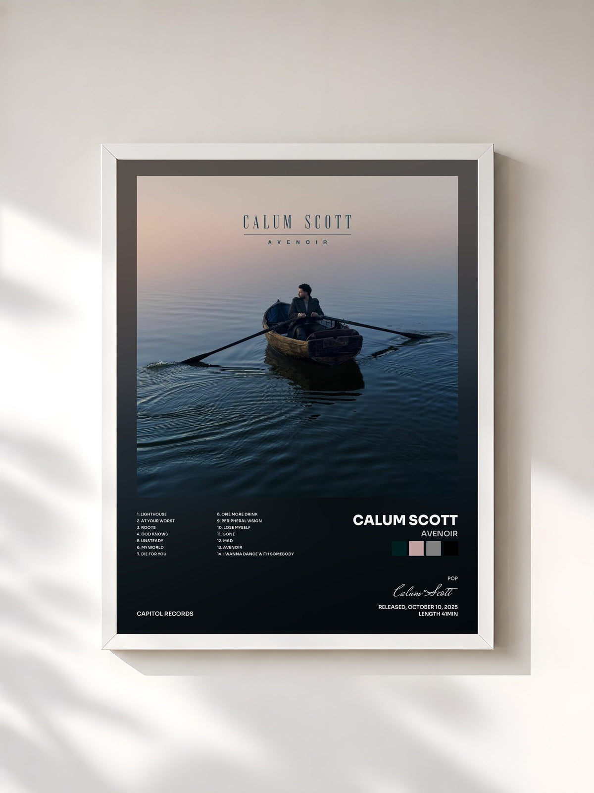 #blanc Tableau de l'album Avenoir de Calum Scott, cadre blanc, imprimé et encadré en France