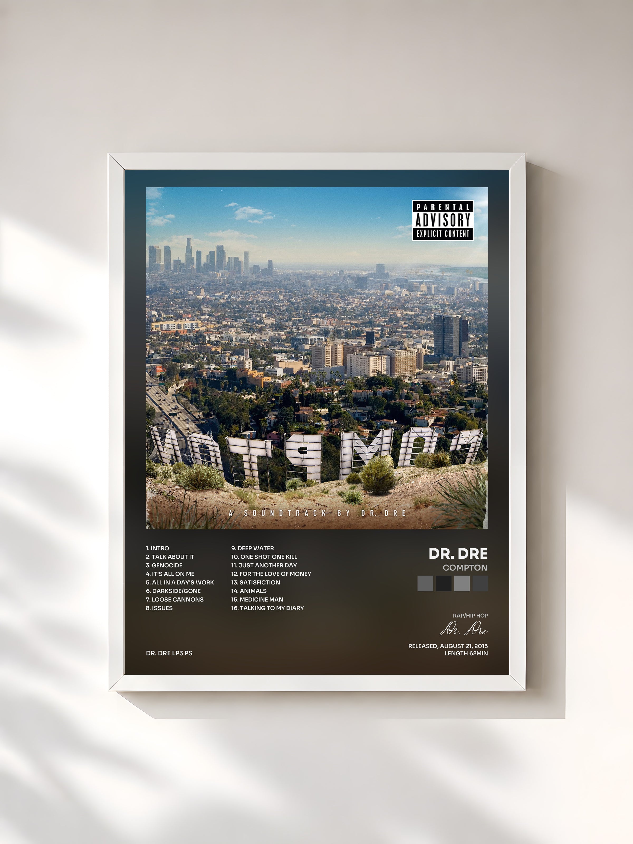 #blanc Tableau de l'album Compton de Dr. Dre, cadre blanc, imprimé et encadré en France
