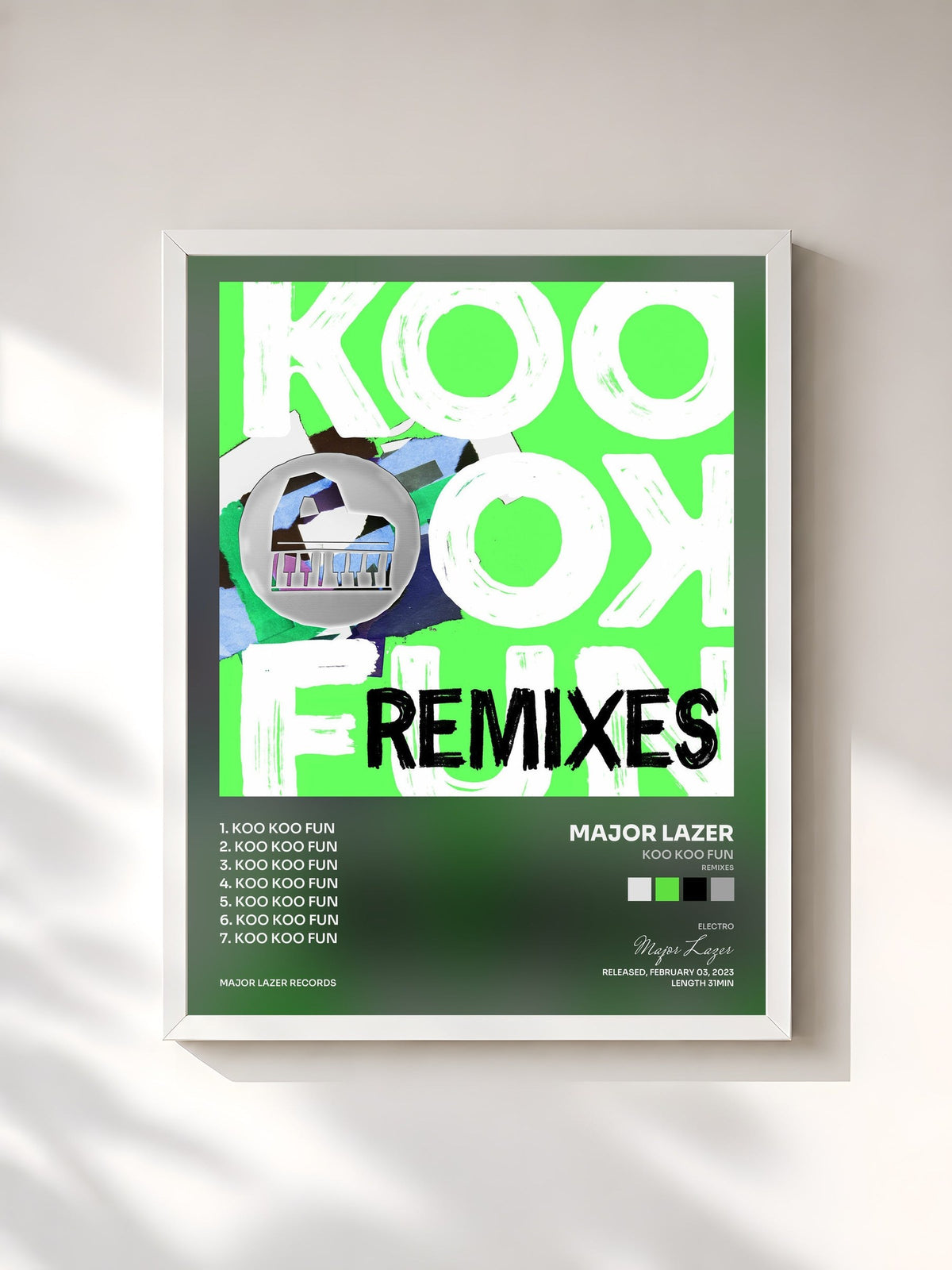 #blanc Tableau de l'album Koo Koo Fun (Remixes) de Major Lazer, cadre blanc, imprimé et encadré en France