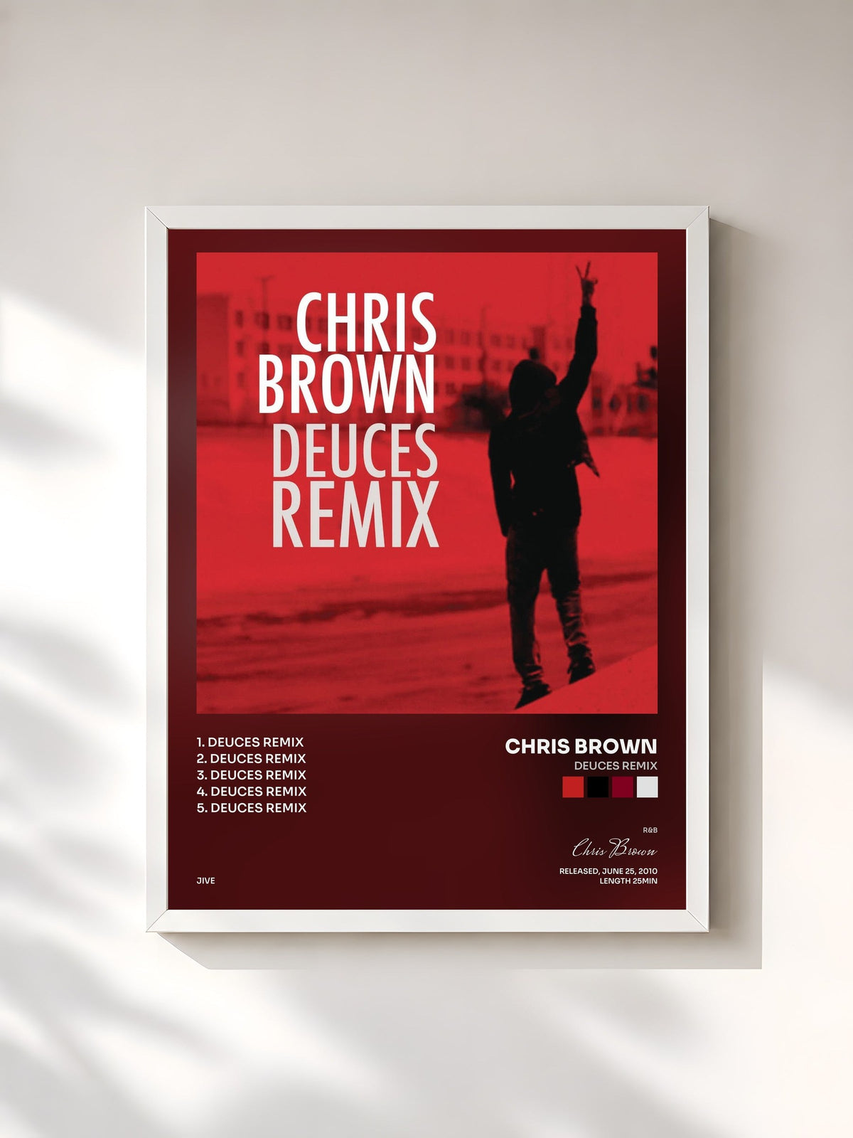 #blanc Tableau de l'album Deuces Remix de Chris Brown, cadre blanc, imprimé et encadré en France