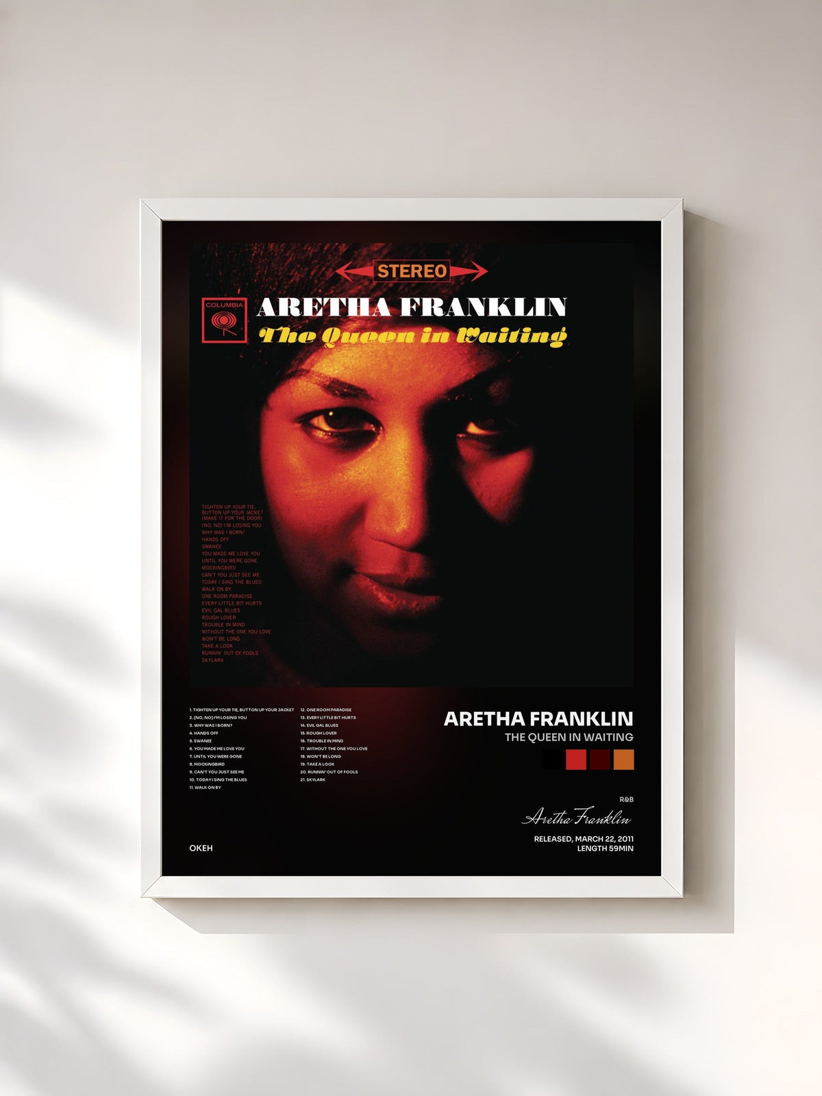 #blanc Tableau de l'album The Queen In Waiting de Aretha Franklin, cadre blanc, imprimé et encadré en France