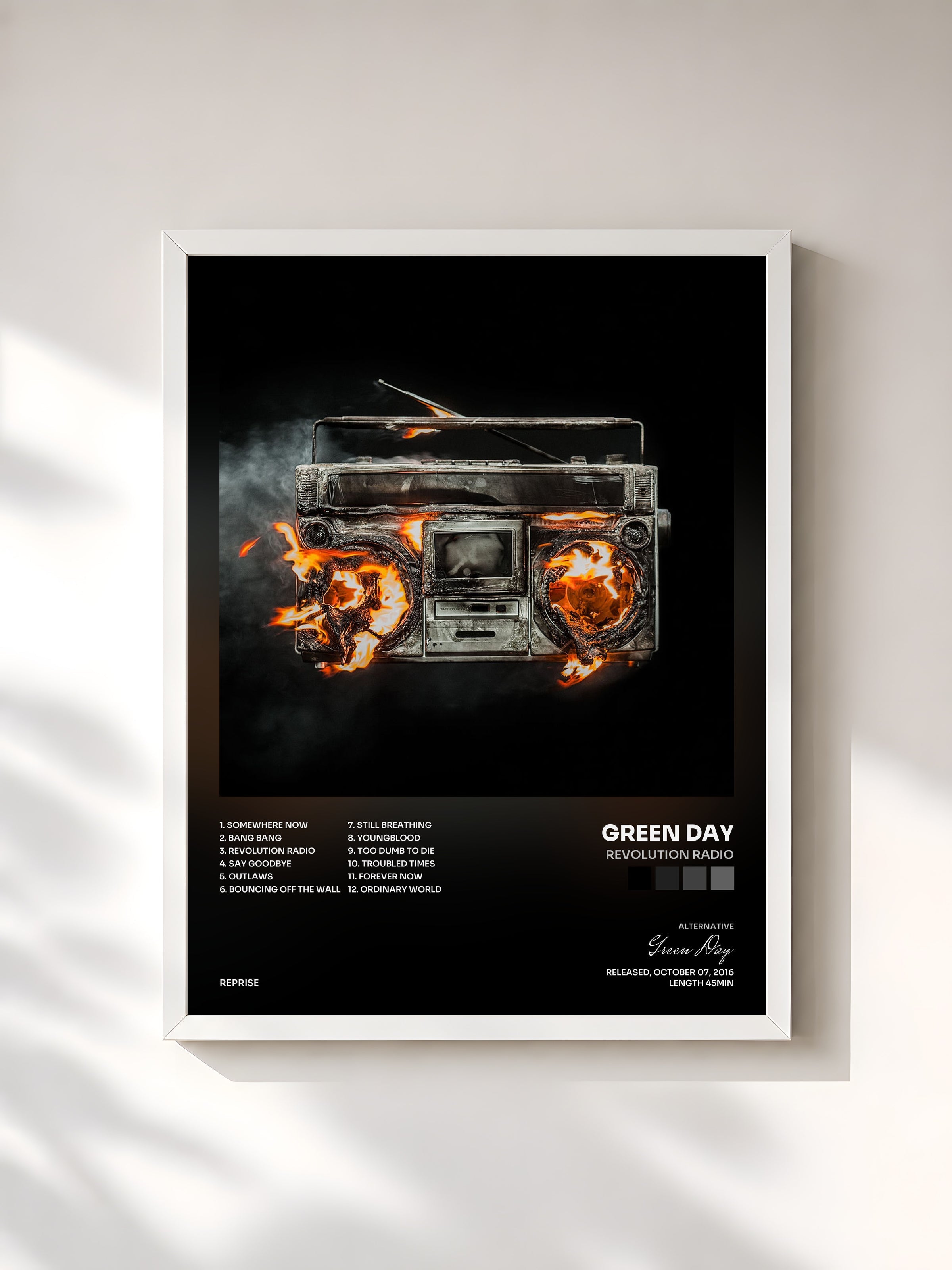 #blanc Revolution Radio by Green Day as a framed art print, white frame, printed and framed in France