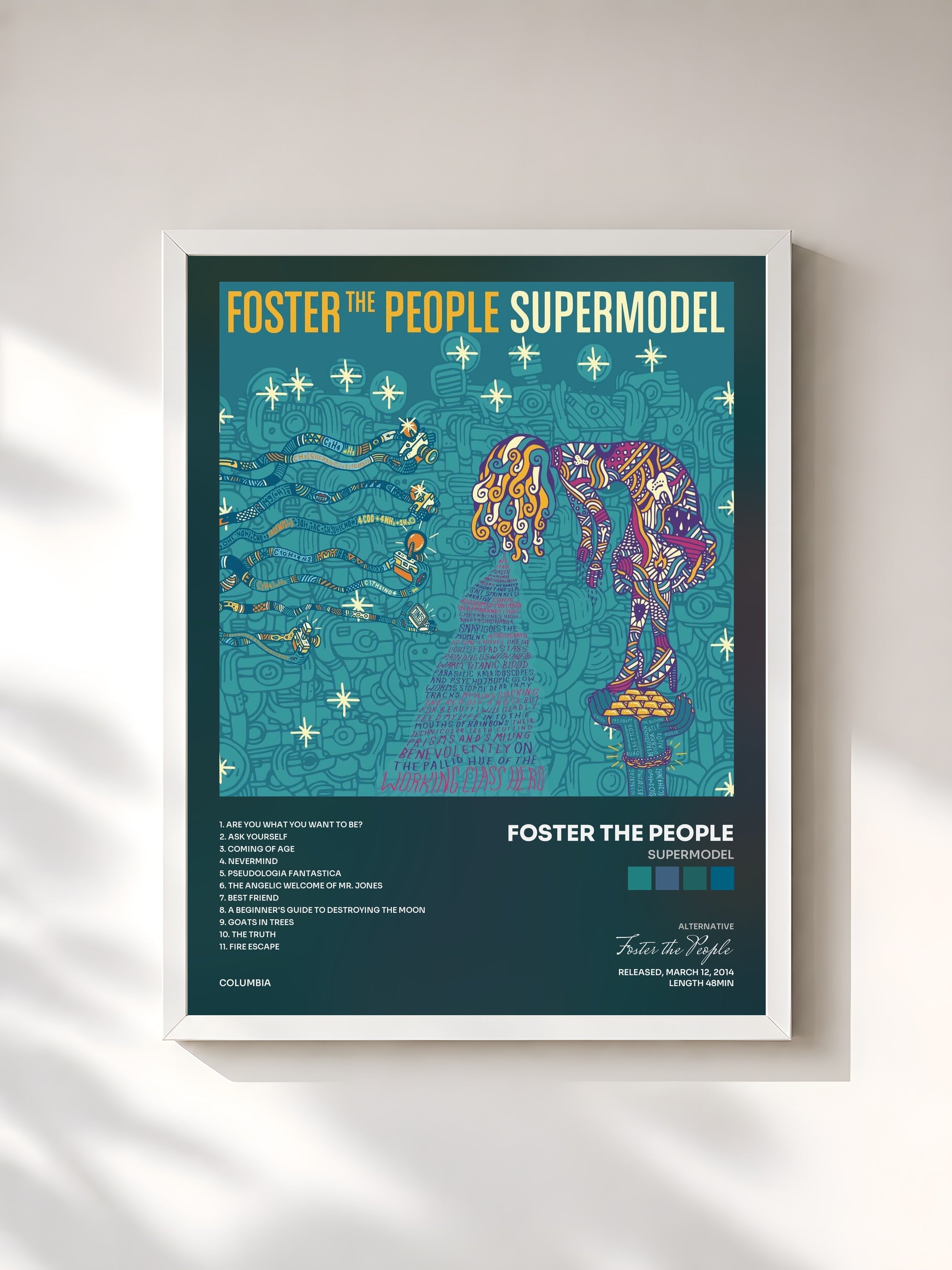 #blanc Supermodel by Foster the People as a framed art print, white frame, printed and framed in France