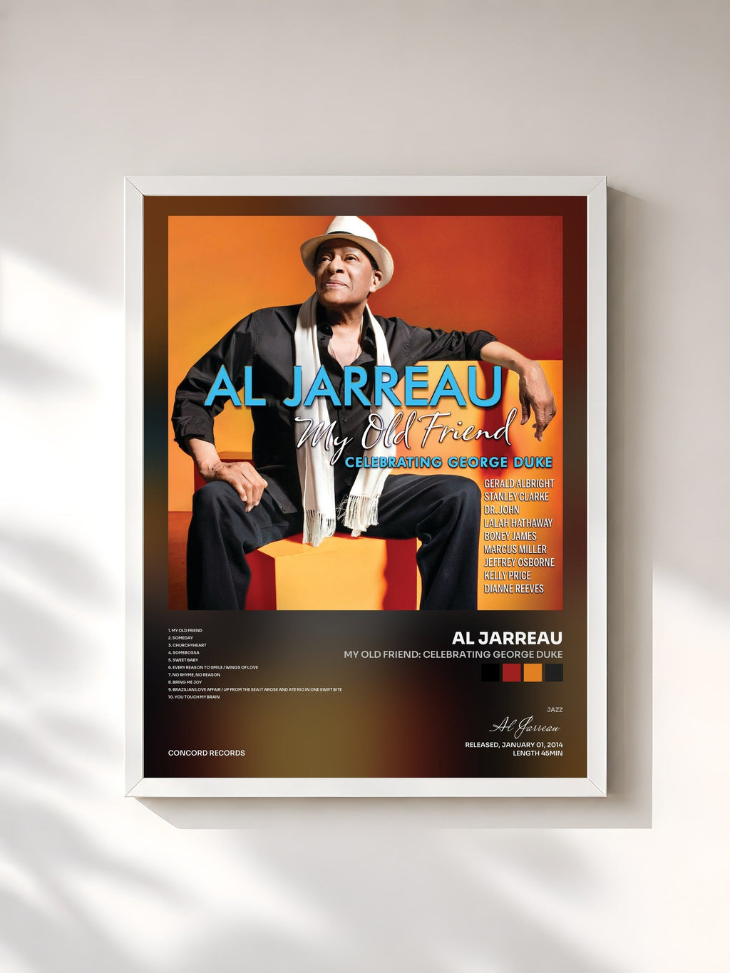 #blanc Tableau de l'album My Old Friend: Celebrating George Duke de Al Jarreau, cadre blanc, imprimé et encadré en France