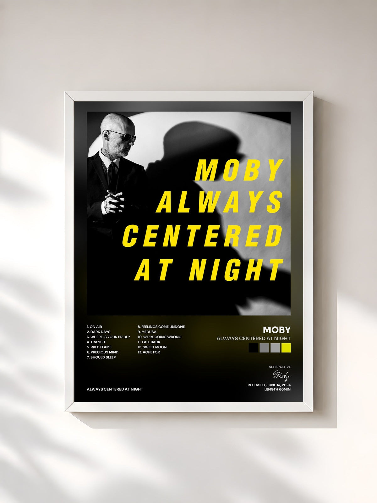 #blanc Tableau de l'album always centered at night de Moby, cadre blanc, imprimé et encadré en France