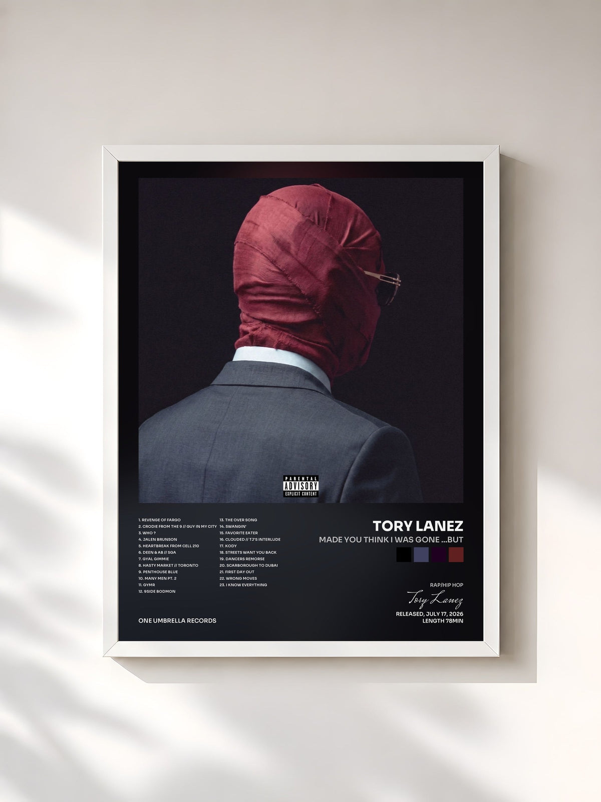 #blanc Tableau de l'album Made You Think I Was Gone ...But de Tory Lanez, cadre blanc, imprimé et encadré en France