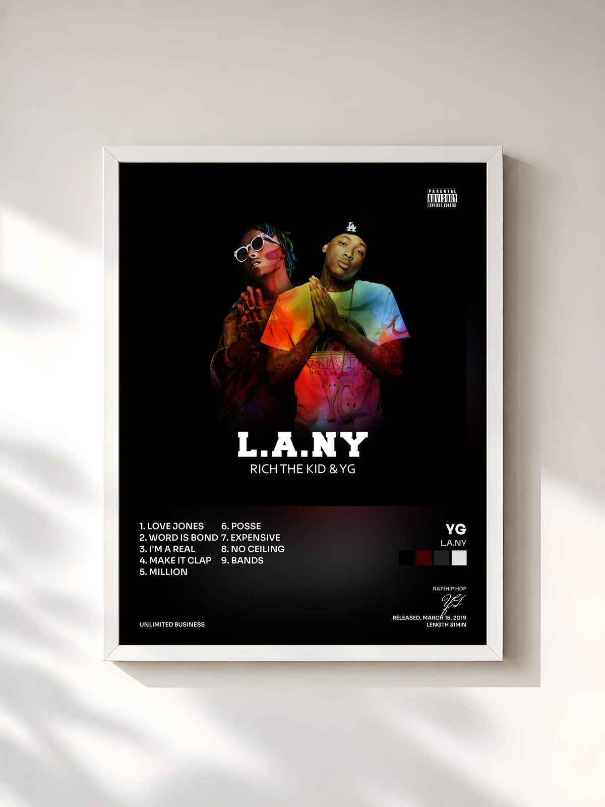 #blanc Tableau de l'album L.A.NY de YG, cadre blanc, imprimé et encadré en France
