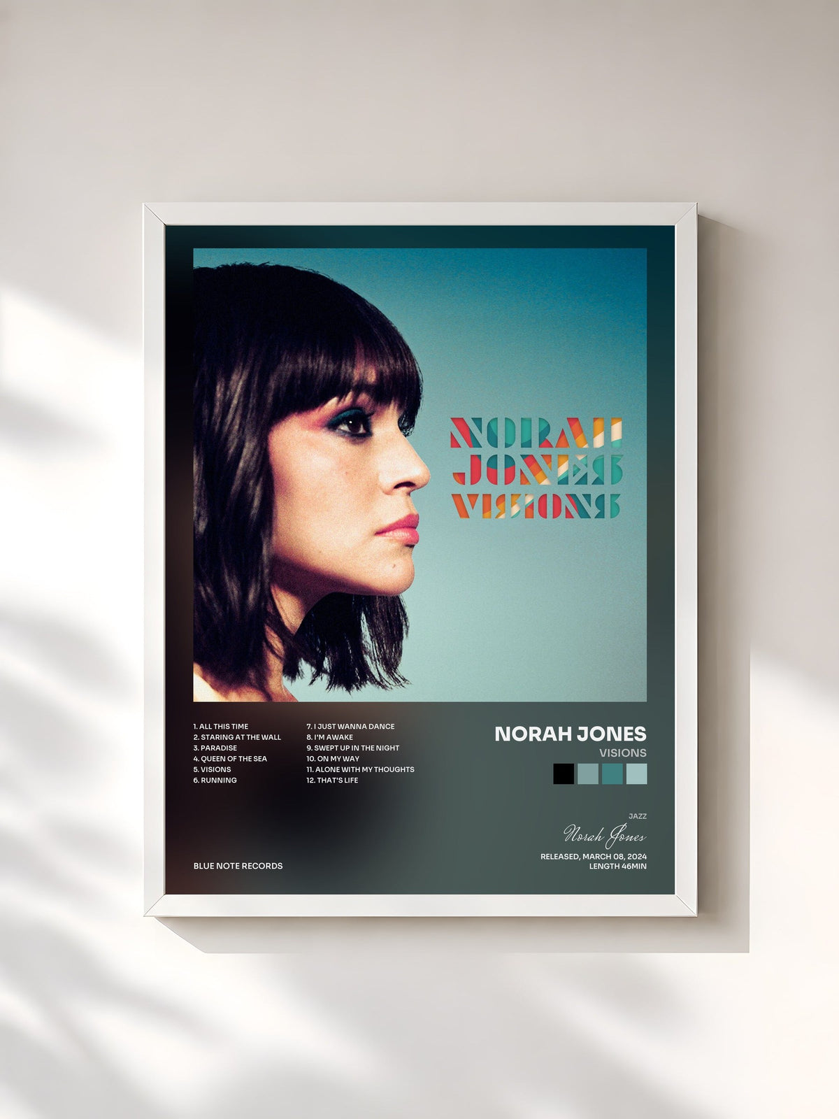 #blanc Tableau de l'album Visions de Norah Jones, cadre blanc, imprimé et encadré en France
