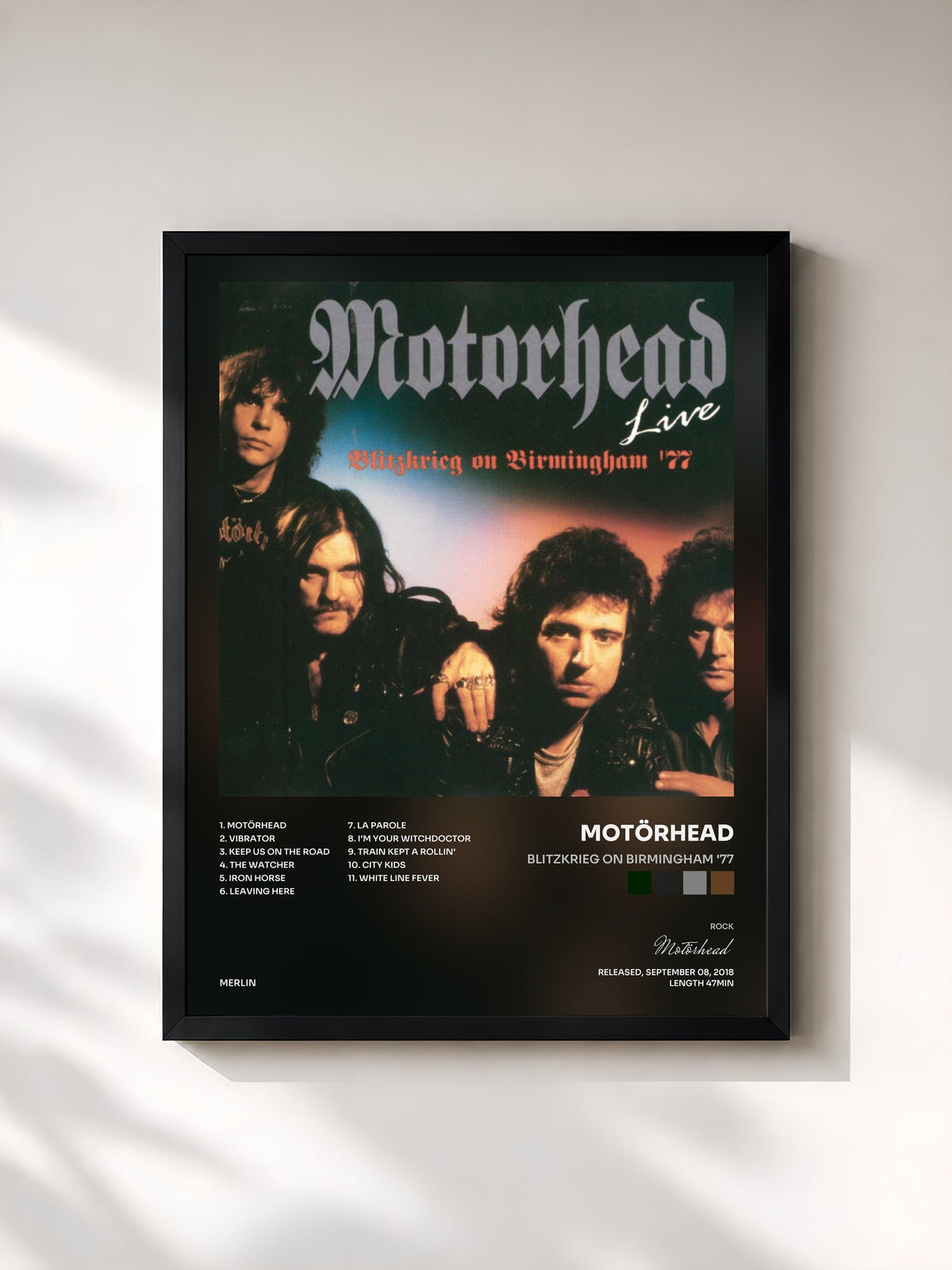 #noir Tableau de l'album Blitzkrieg on Birmingham '77 de Motörhead, cadre noir, imprimé et encadré en France