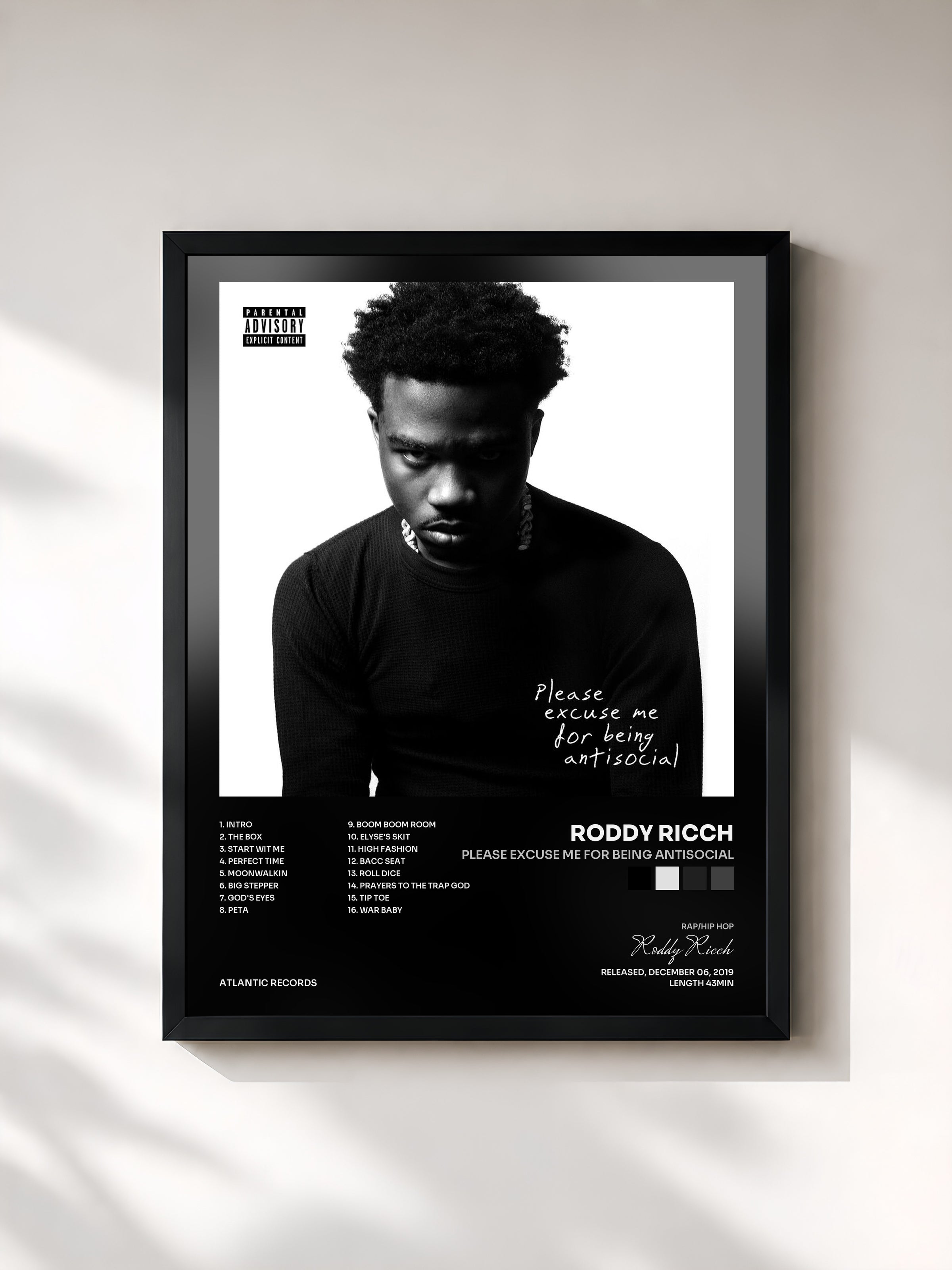 #noir Tableau de l'album Please Excuse Me for Being Antisocial de Roddy Ricch, cadre noir, imprimé et encadré en France