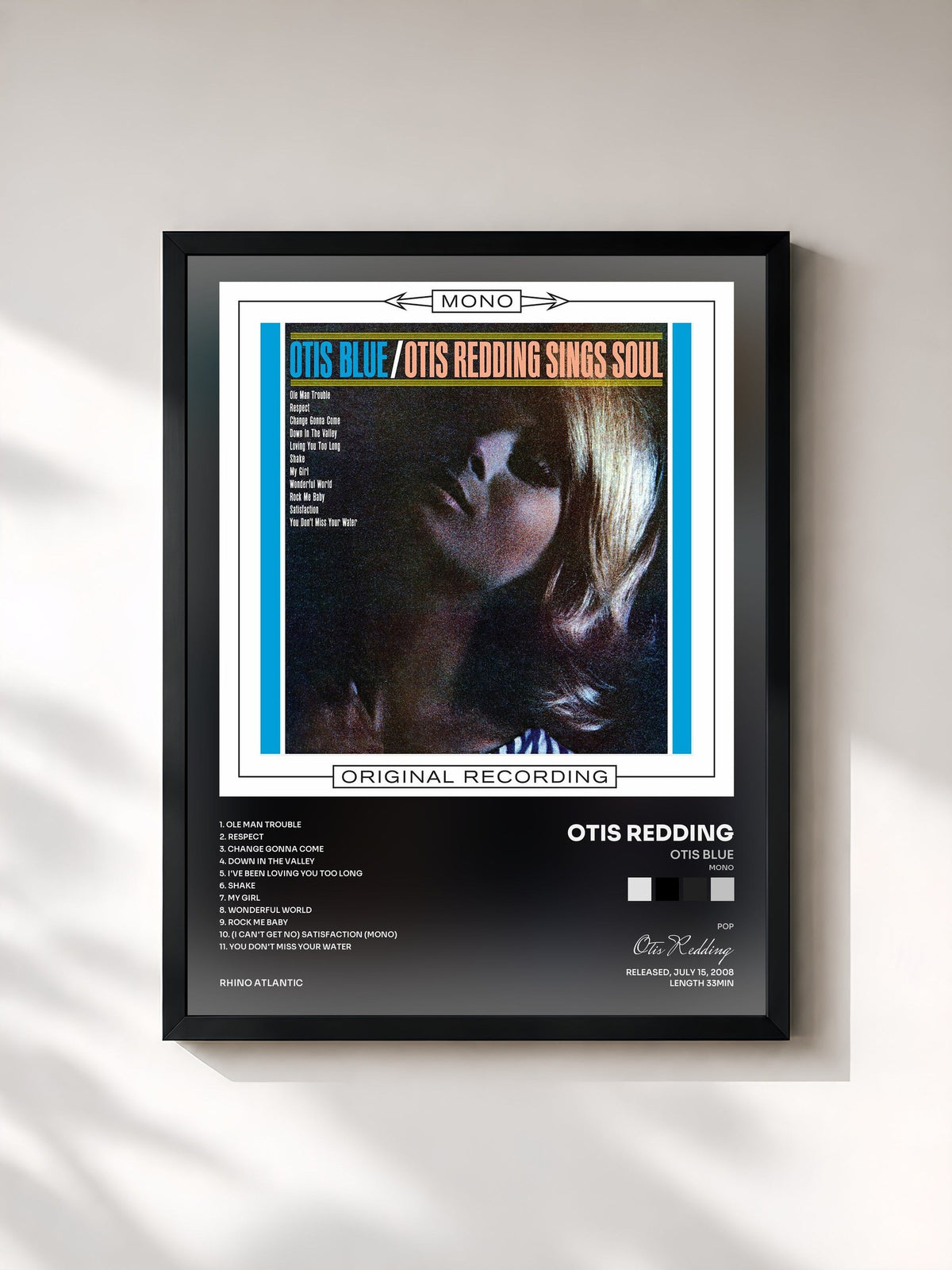 #noir Tableau de l'album Otis Blue (Mono) de Otis Redding, cadre noir, imprimé et encadré en France