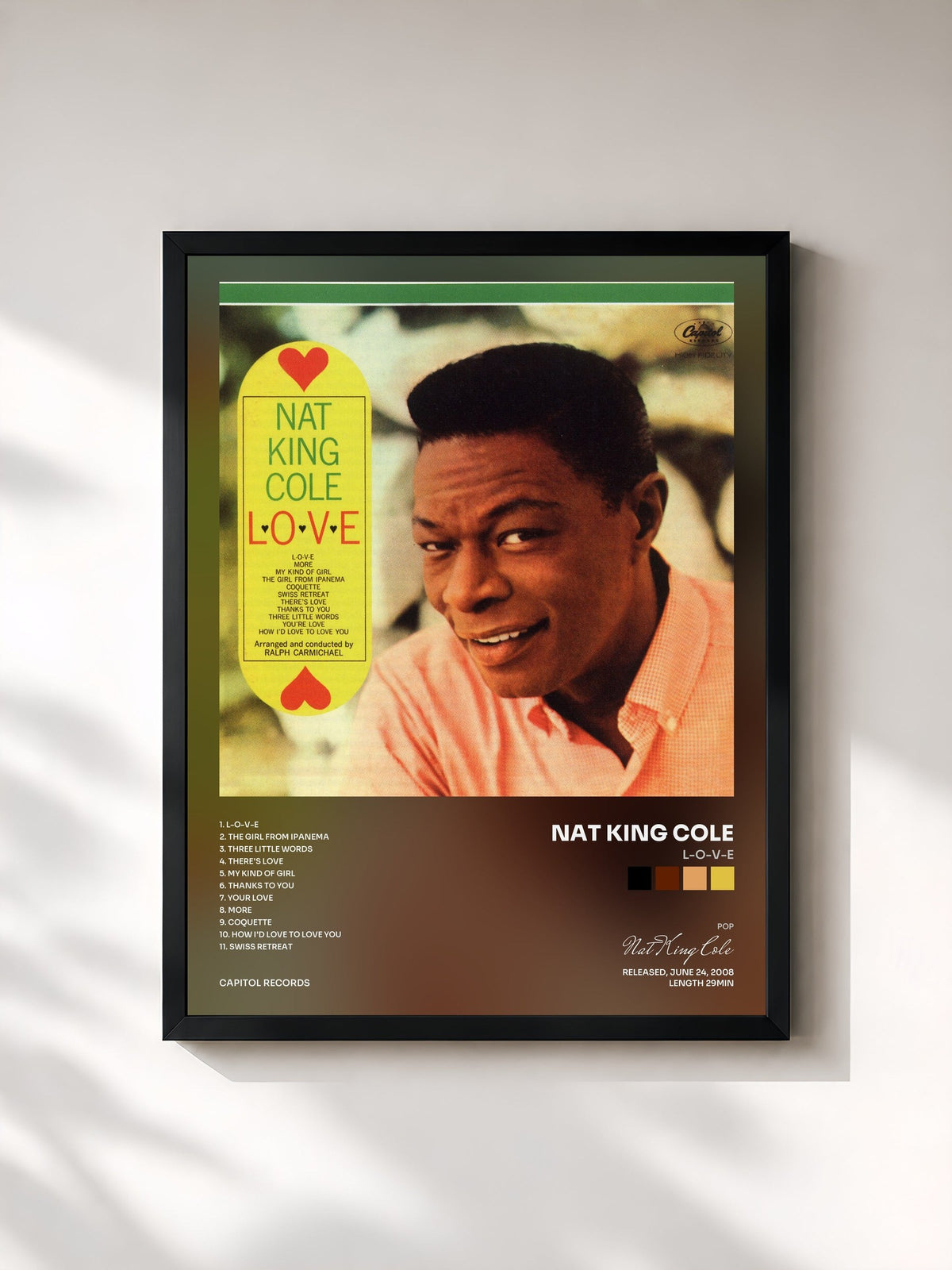 #noir L-O-V-E by Nat King Cole as a framed art print, black frame, printed and framed in France