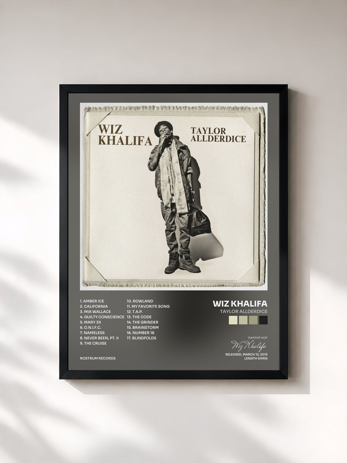 #noir Tableau de l'album Taylor Allderdice de Wiz Khalifa, cadre noir, imprimé et encadré en France
