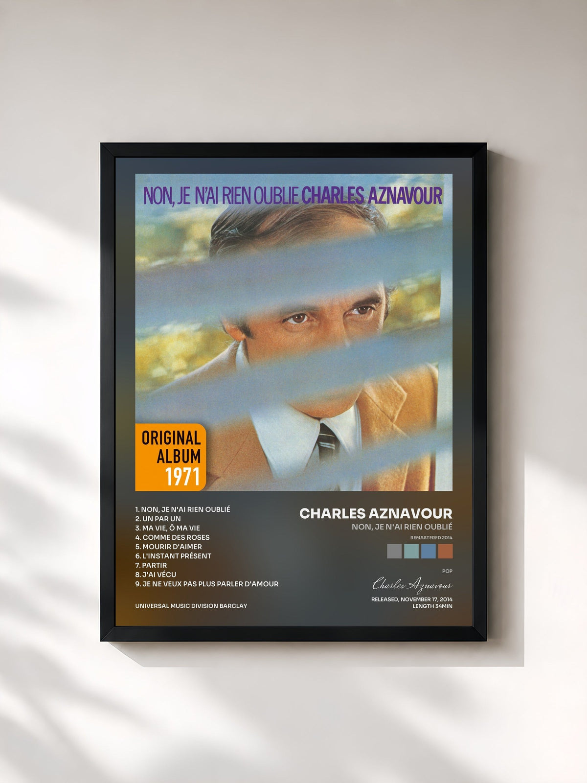 #noir Tableau de l'album Non, je n'ai rien oublié (Remastered 2014) de Charles Aznavour, cadre noir, imprimé et encadré en France