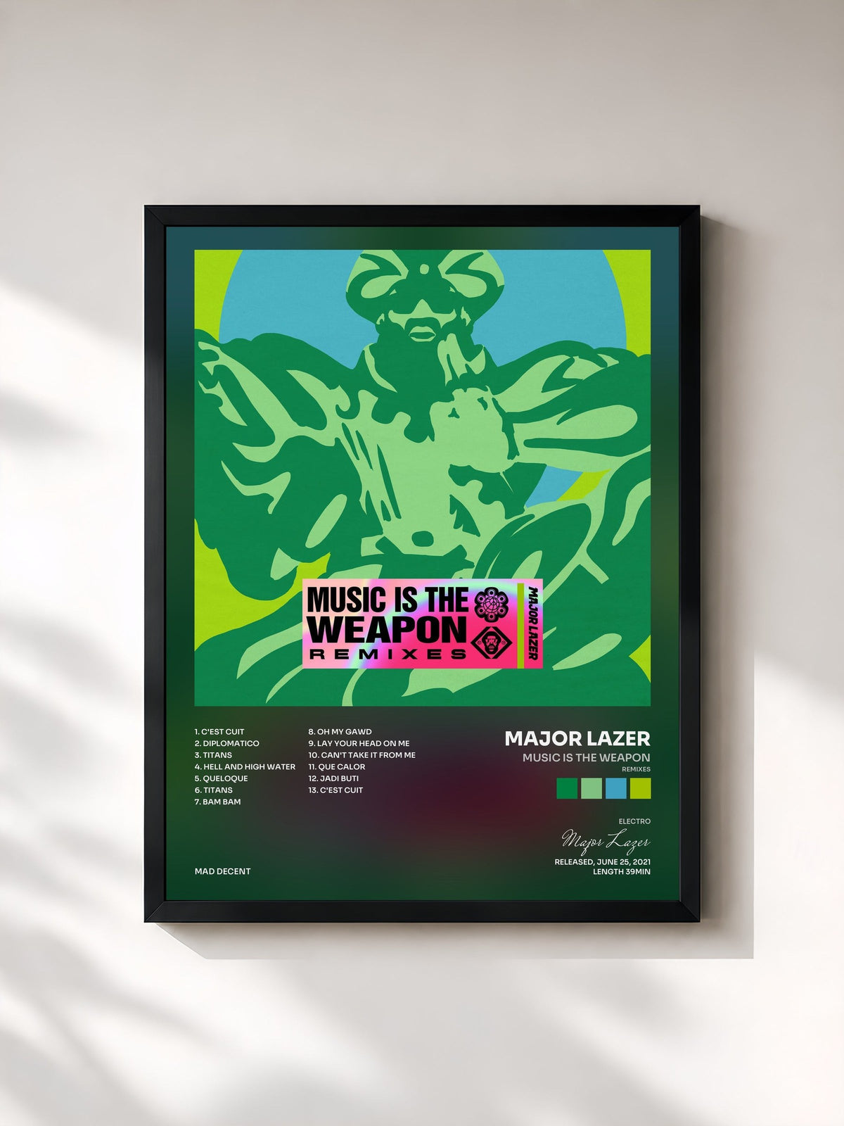 #noir Tableau de l'album Music Is the Weapon (Remixes) de Major Lazer, cadre noir, imprimé et encadré en France