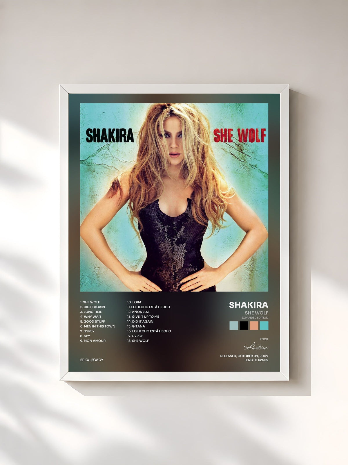 #blanc Tableau de l'album She Wolf (Expanded Edition) de Shakira, cadre blanc, imprimé et encadré en France