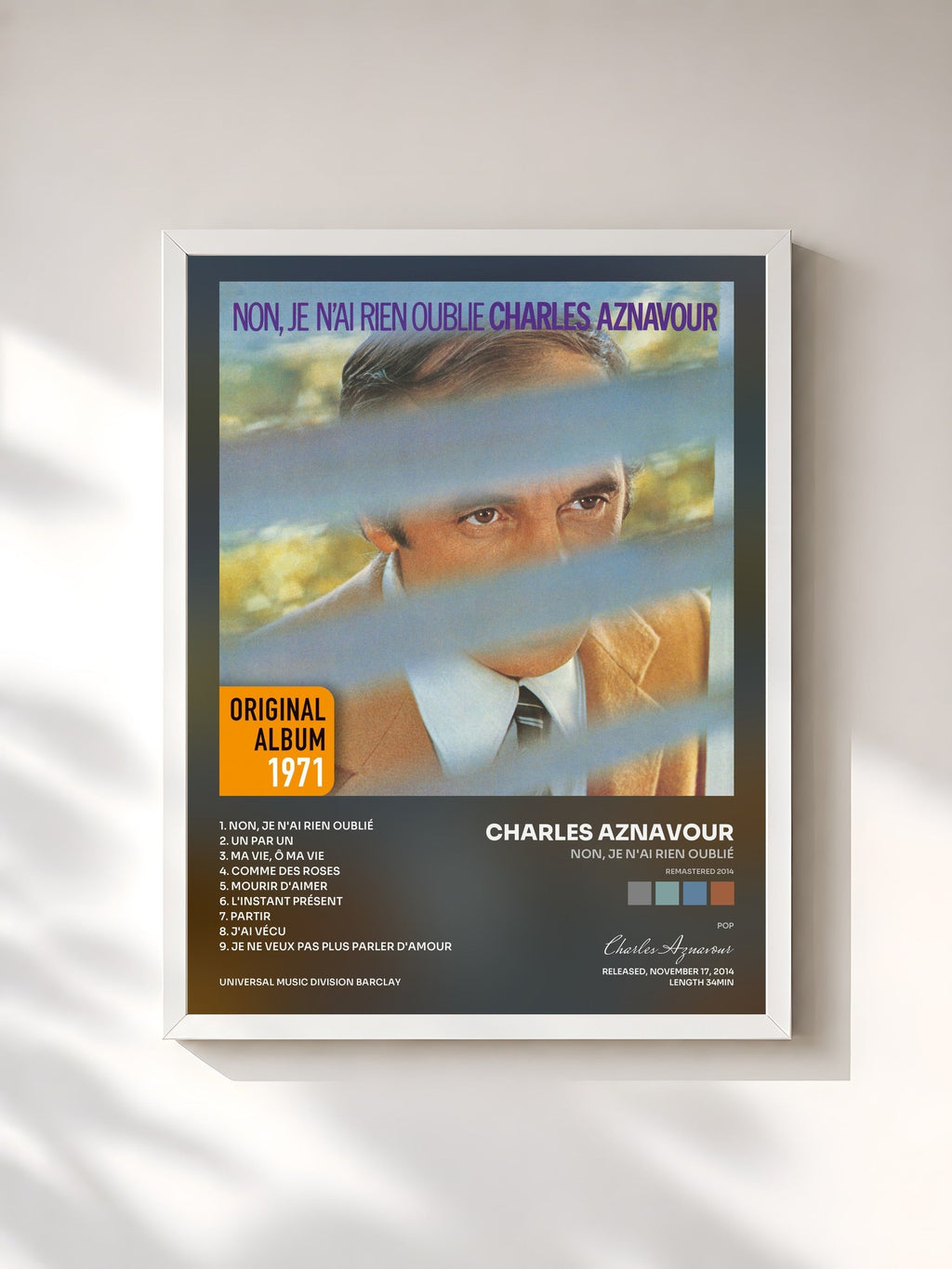 #blanc Tableau de l'album Non, je n'ai rien oublié (Remastered 2014) de Charles Aznavour, cadre blanc, imprimé et encadré en France