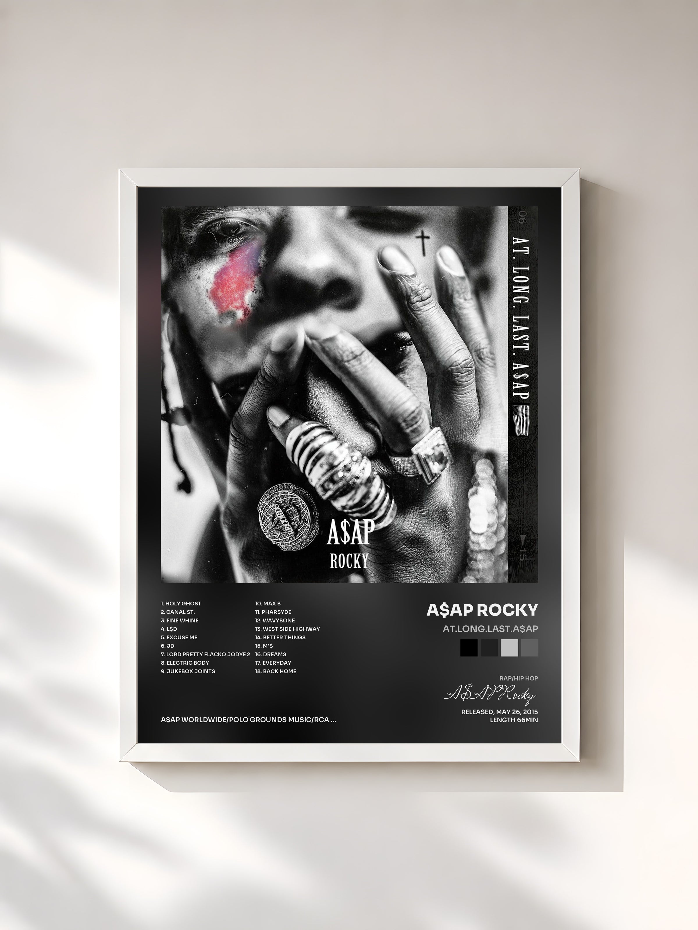 #blanc Tableau de l'album AT.LONG.LAST.A$AP de A$AP Rocky, cadre blanc, imprimé et encadré en France