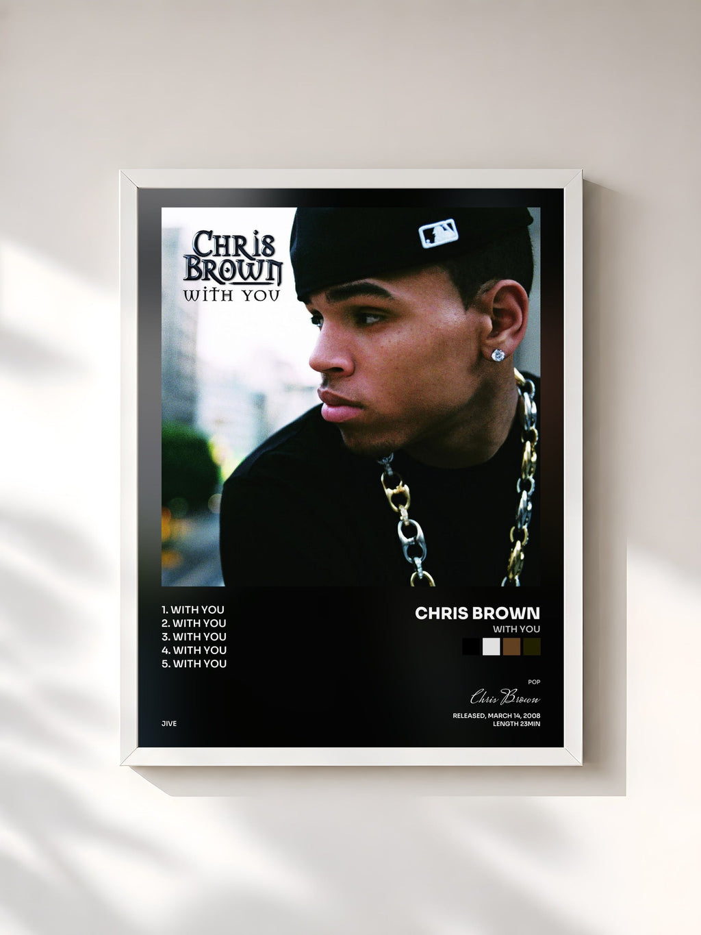 #blanc Tableau de l'album With You de Chris Brown, cadre blanc, imprimé et encadré en France