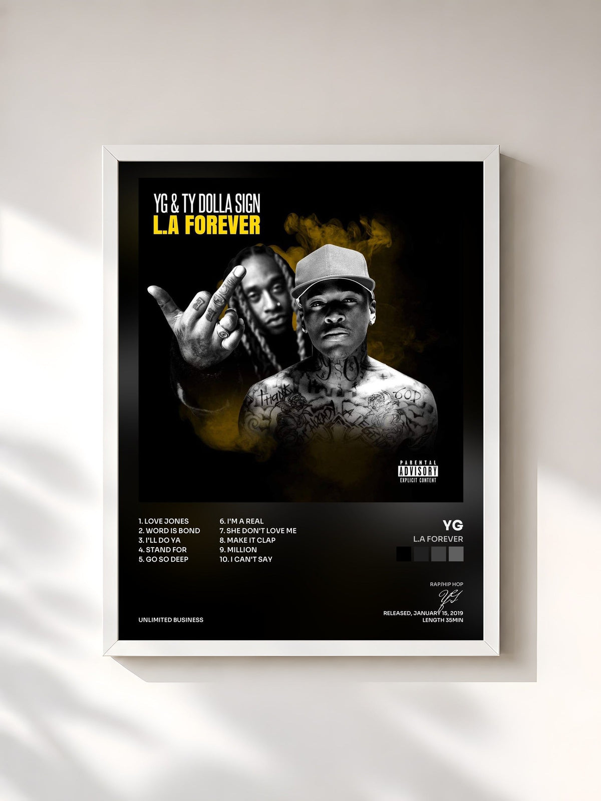#blanc Tableau de l'album L.A Forever de YG, cadre blanc, imprimé et encadré en France