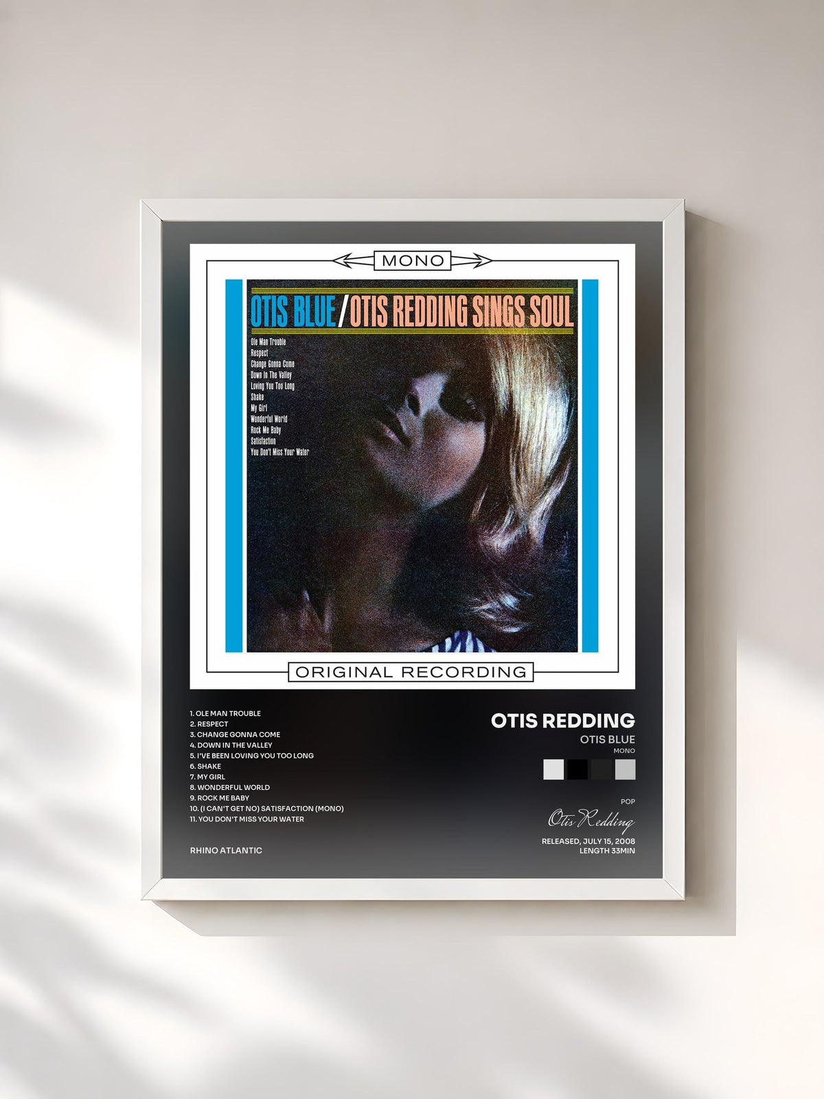 #blanc Tableau de l'album Otis Blue (Mono) de Otis Redding, cadre blanc, imprimé et encadré en France