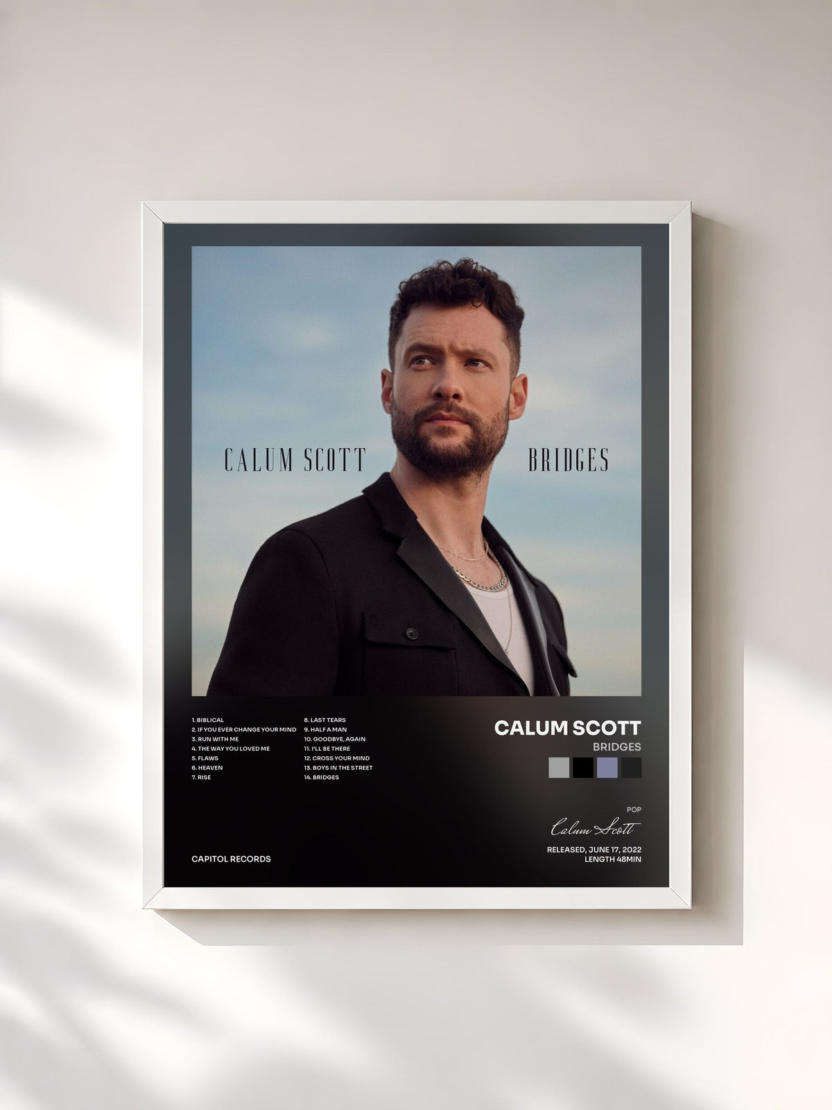 #blanc Tableau de l'album Bridges de Calum Scott, cadre blanc, imprimé et encadré en France
