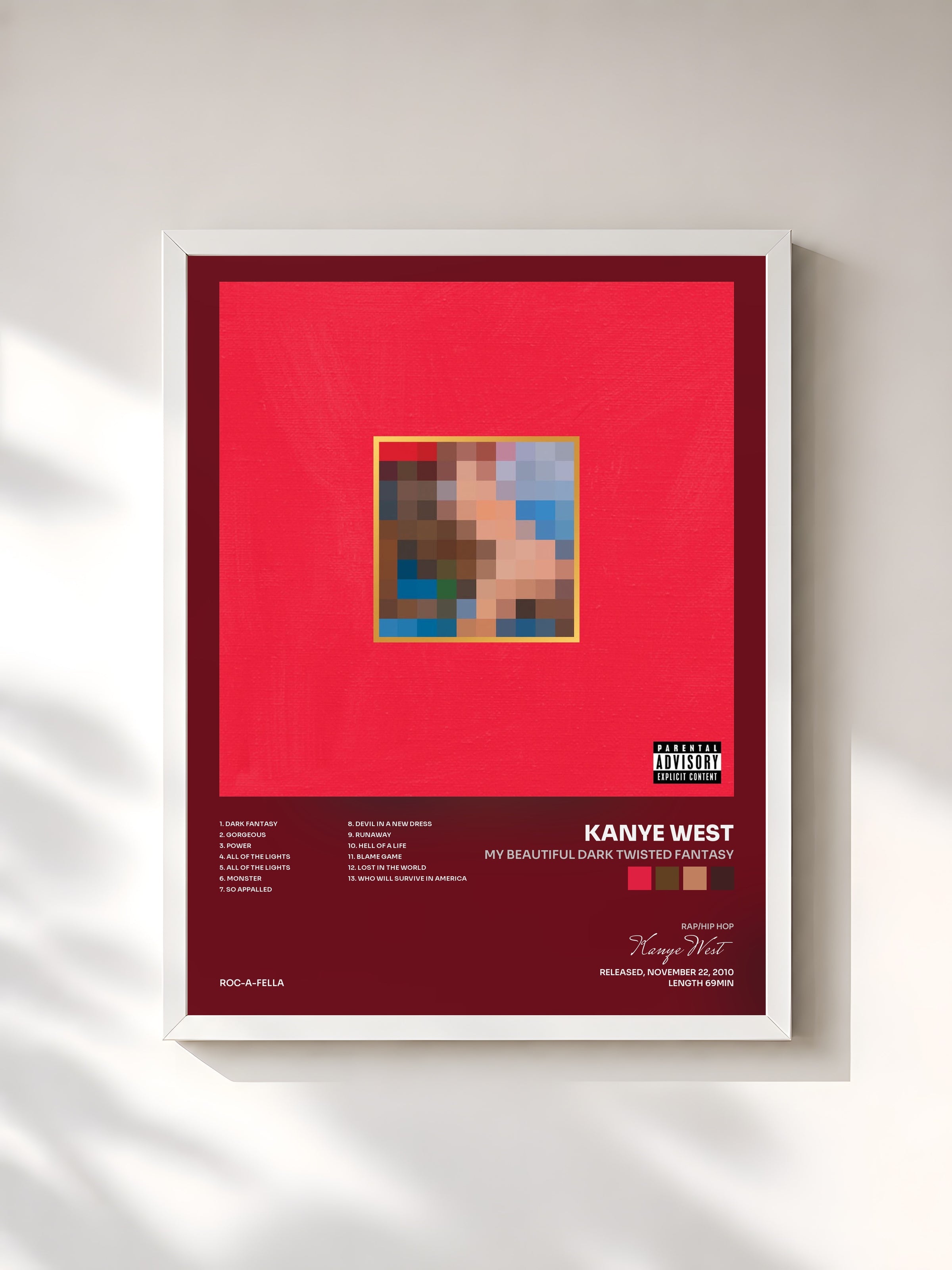 #blanc My Beautiful Dark Twisted Fantasy di Kanye West in stampa incorniciata, cornice bianca, stampata e incorniciata in Francia