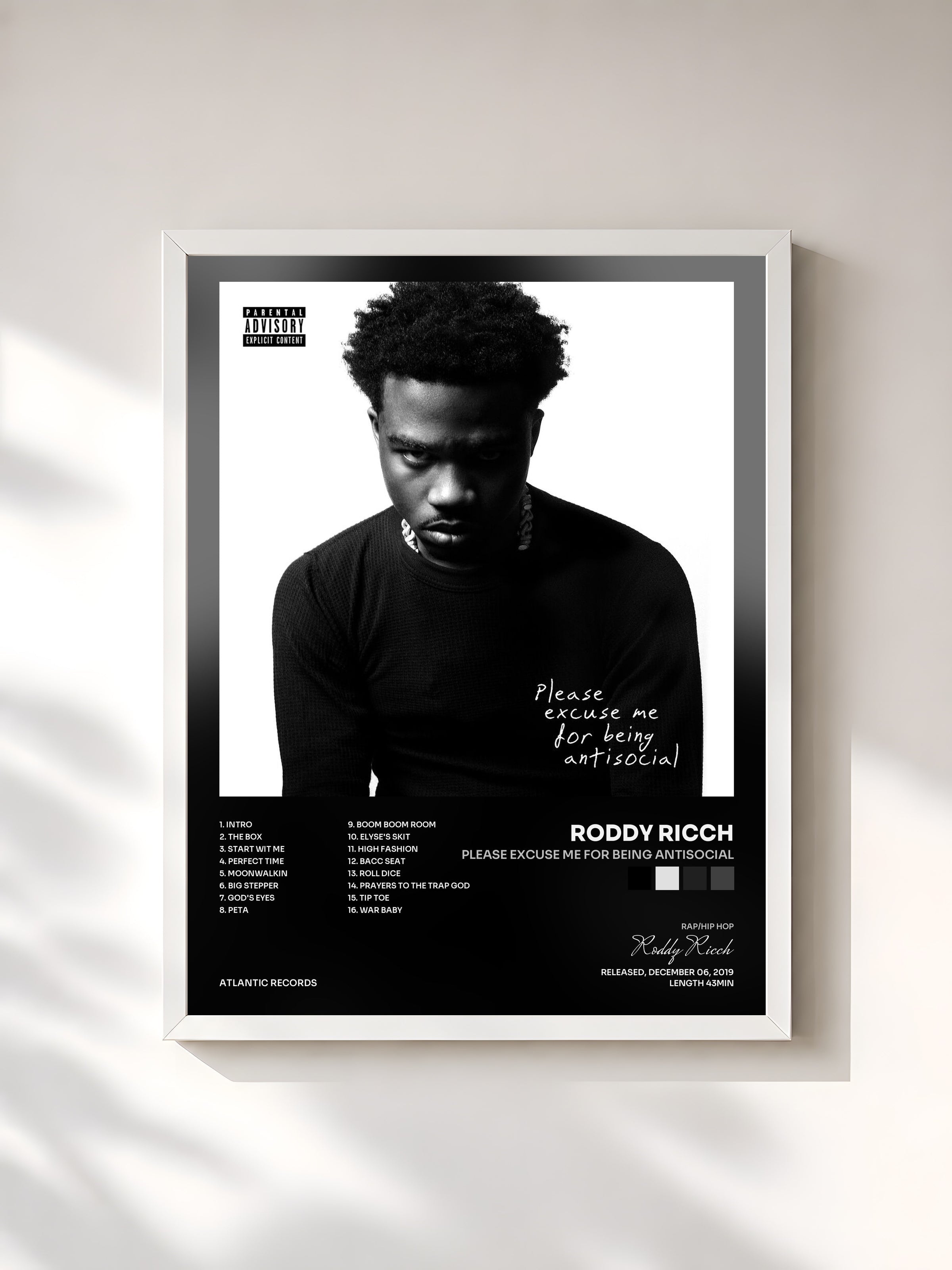 #blanc Tableau de l'album Please Excuse Me for Being Antisocial de Roddy Ricch, cadre blanc, imprimé et encadré en France
