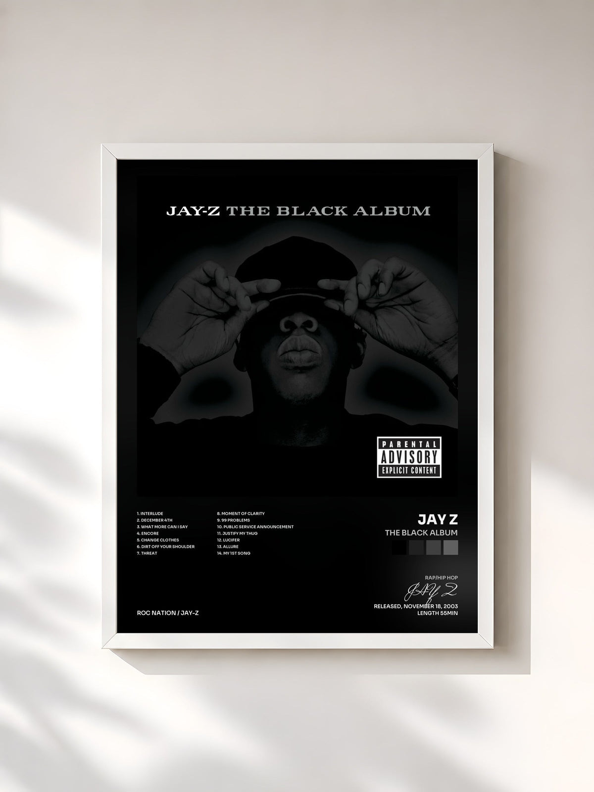 #blanc Tableau de l'album The Black Album de JAY Z, cadre blanc, imprimé et encadré en France