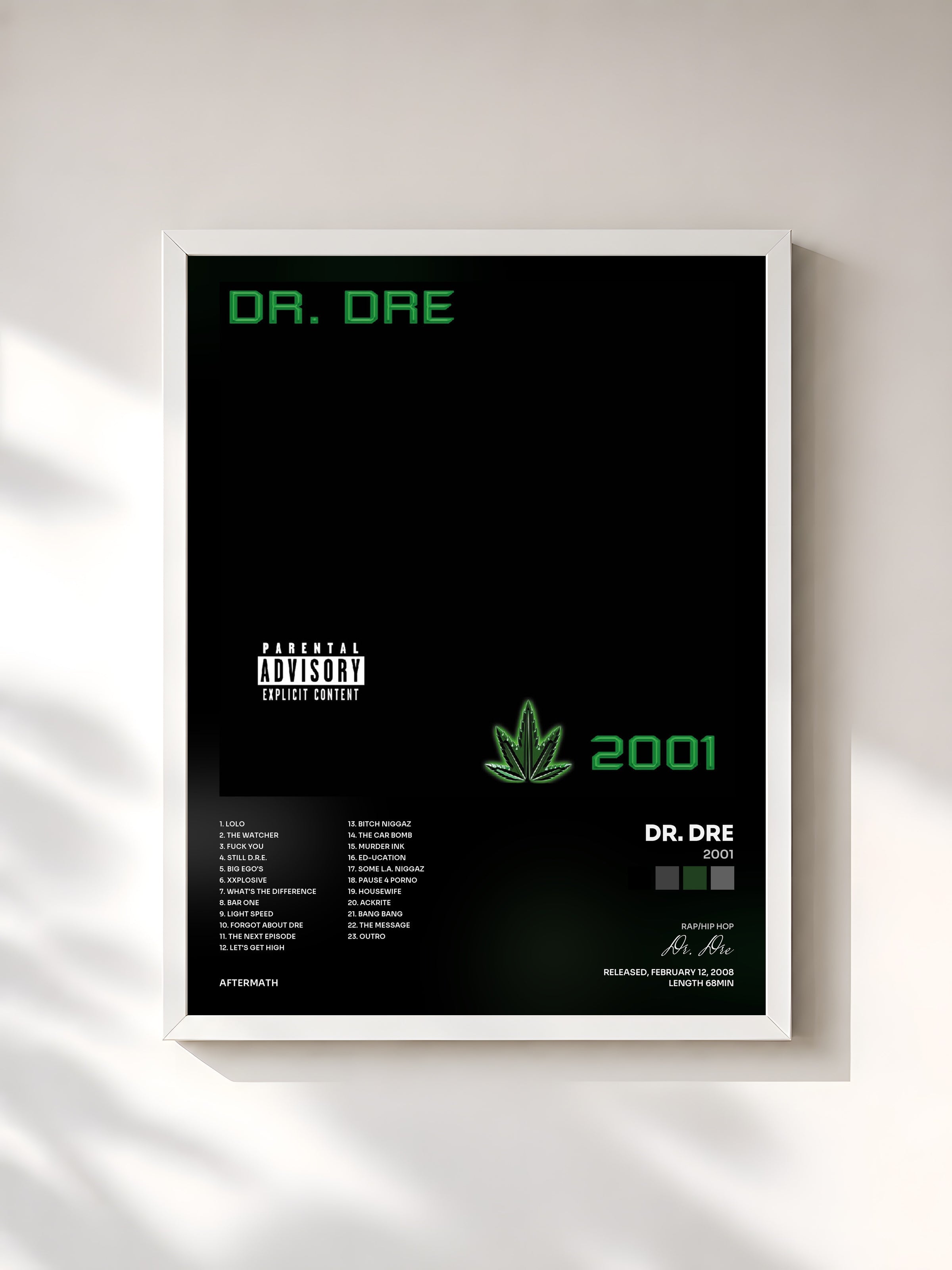 #blanc Tableau de l'album 2001 de Dr. Dre, cadre blanc, imprimé et encadré en France