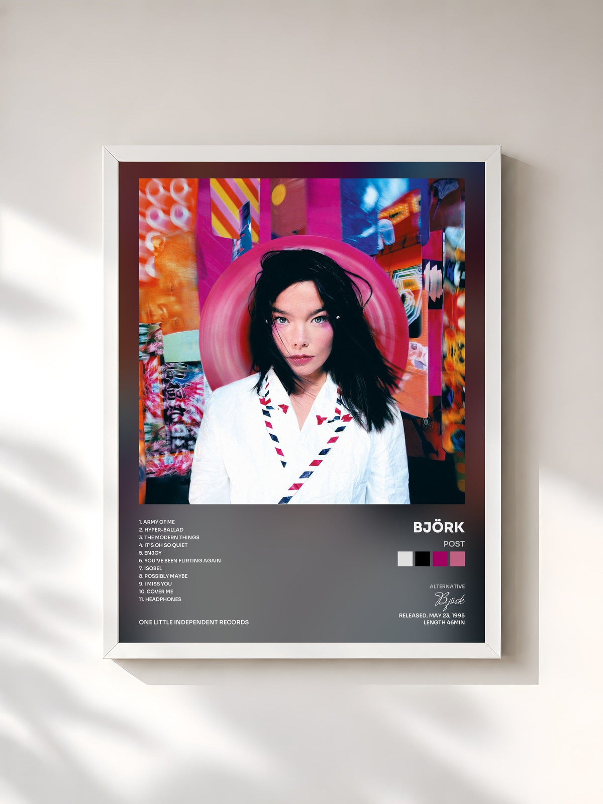 #blanc Tableau de l'album Post de Björk, cadre blanc, imprimé et encadré en France