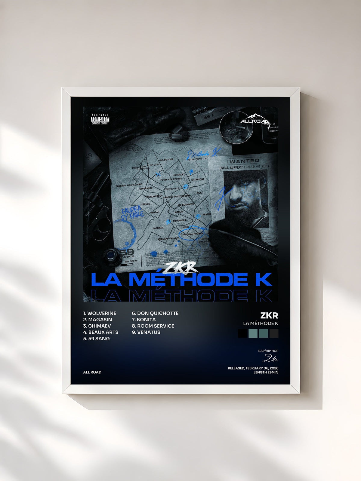 #blanc Tableau de l'album La Méthode K de Zkr, cadre blanc, imprimé et encadré en France